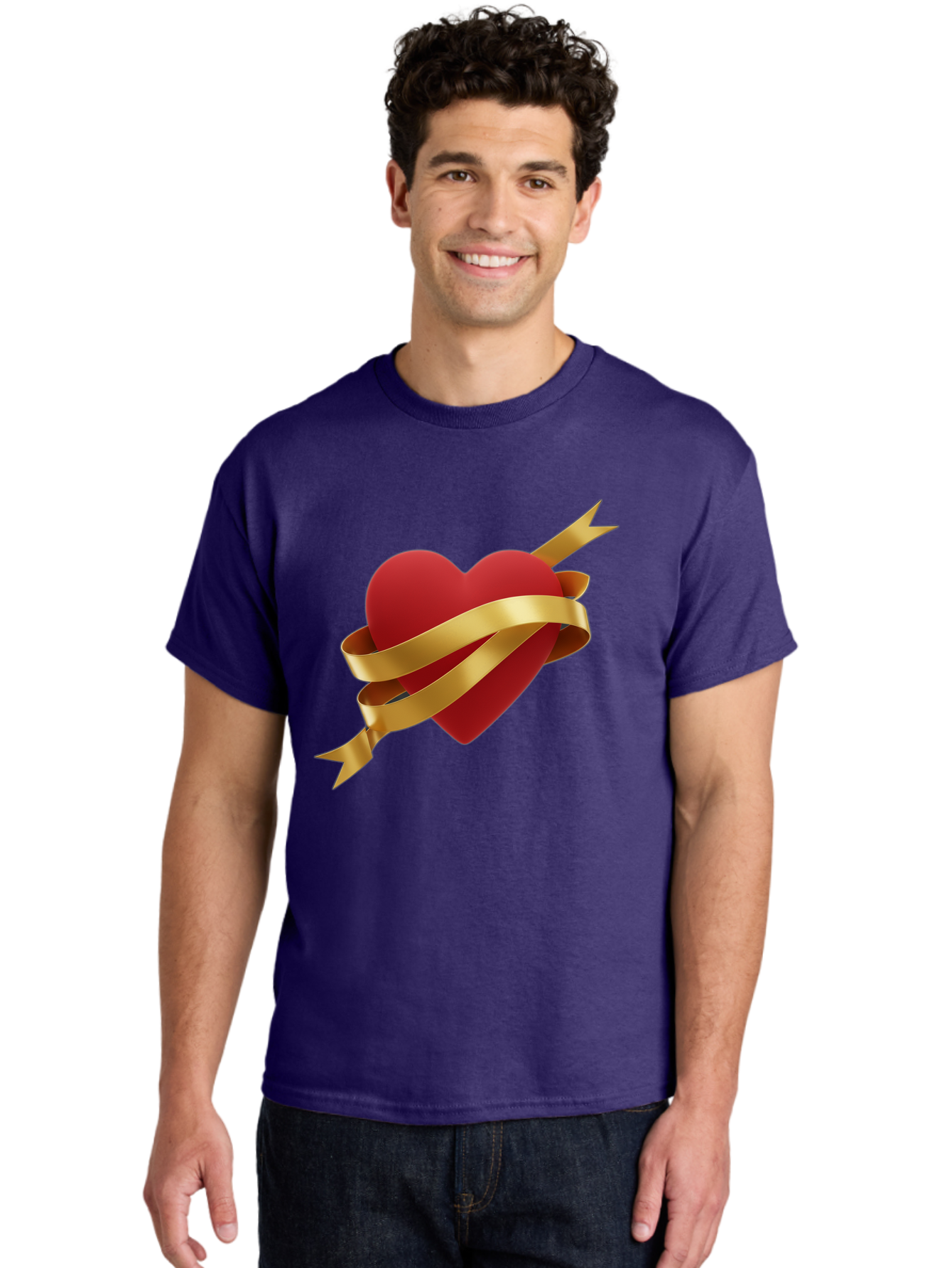 Heart-With-Ribbon-And-Arrow Men'S Graphic Tee, 100% Cotton, Comfortable Casual Summer Wear, Machine Washable, Red Heart, Gold Ribbon, Arrow Through Heart, Love Symbol, Valentines Day, Symbol Of Love, Heart With Ribbon Bae200 28