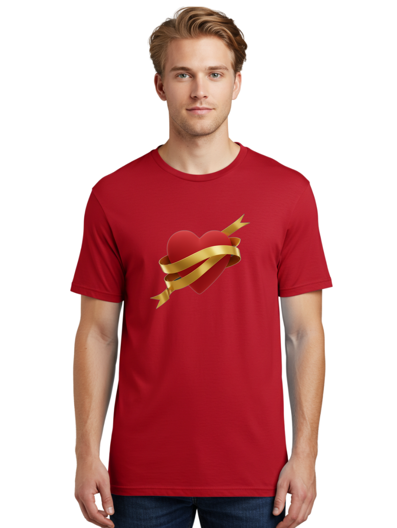 Heart-With-Ribbon-And-Arrow Men'S Graphic Tee, 100% Cotton, Comfortable Casual Summer Wear, Machine Washable, Red Heart, Gold Ribbon, Arrow Through Heart, Love Symbol, Valentines Day, Symbol Of Love, Heart With Ribbon Bae200 24