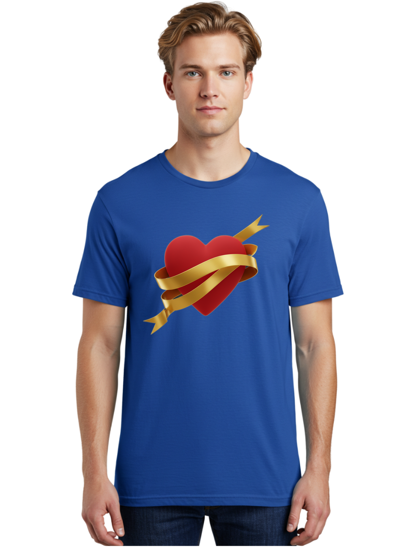 Heart-With-Ribbon-And-Arrow Men'S Graphic Tee, 100% Cotton, Comfortable Casual Summer Wear, Machine Washable, Red Heart, Gold Ribbon, Arrow Through Heart, Love Symbol, Valentines Day, Symbol Of Love, Heart With Ribbon Bae200 29