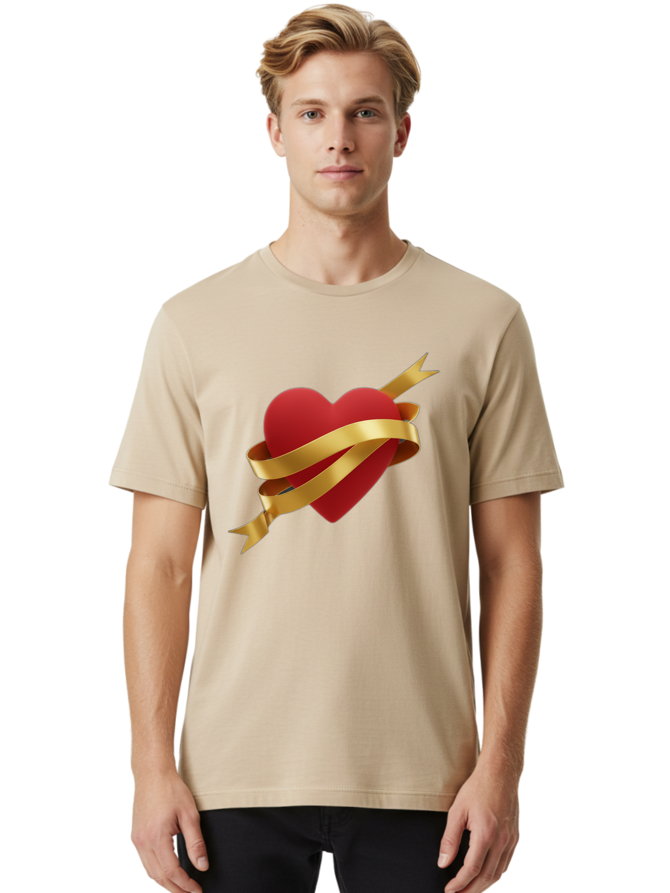 Heart-With-Ribbon-And-Arrow Men'S Graphic Tee, 100% Cotton, Comfortable Casual Summer Wear, Machine Washable, Red Heart, Gold Ribbon, Arrow Through Heart, Love Symbol, Valentines Day, Symbol Of Love, Heart With Ribbon Bae200 26
