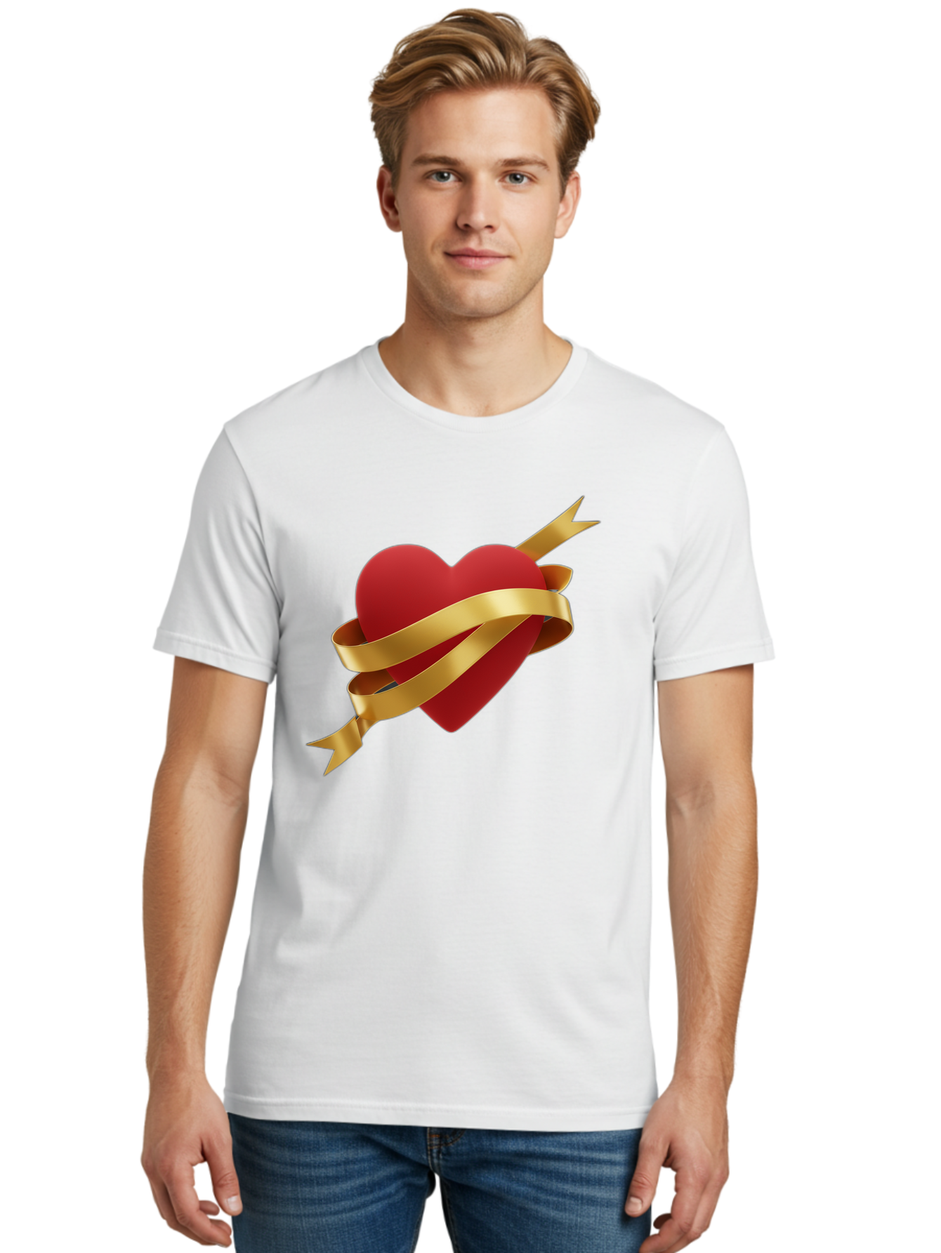 Heart-With-Ribbon-And-Arrow Men'S Graphic Tee, 100% Cotton, Comfortable Casual Summer Wear, Machine Washable, Red Heart, Gold Ribbon, Arrow Through Heart, Love Symbol, Valentines Day, Symbol Of Love, Heart With Ribbon Bae200 30