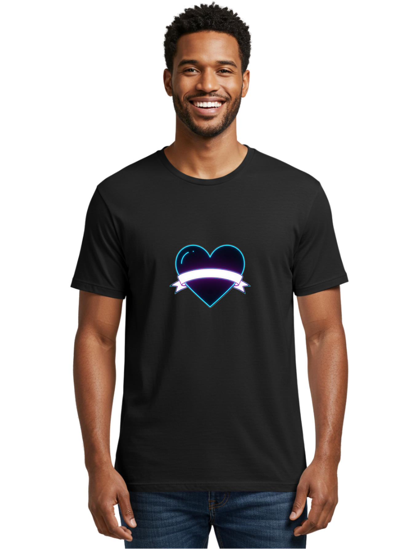 Heart-With-Ribbon Men'S Graphic Tee, 100% Cotton, Comfortable Casual Summer Wear, Machine Washable, Black Heart, White Ribbon, Love Symbol, Heart Icon, Graphic Design Element, Purple Sheen, Shiny Heart, Valentine Symbol Bae201 30