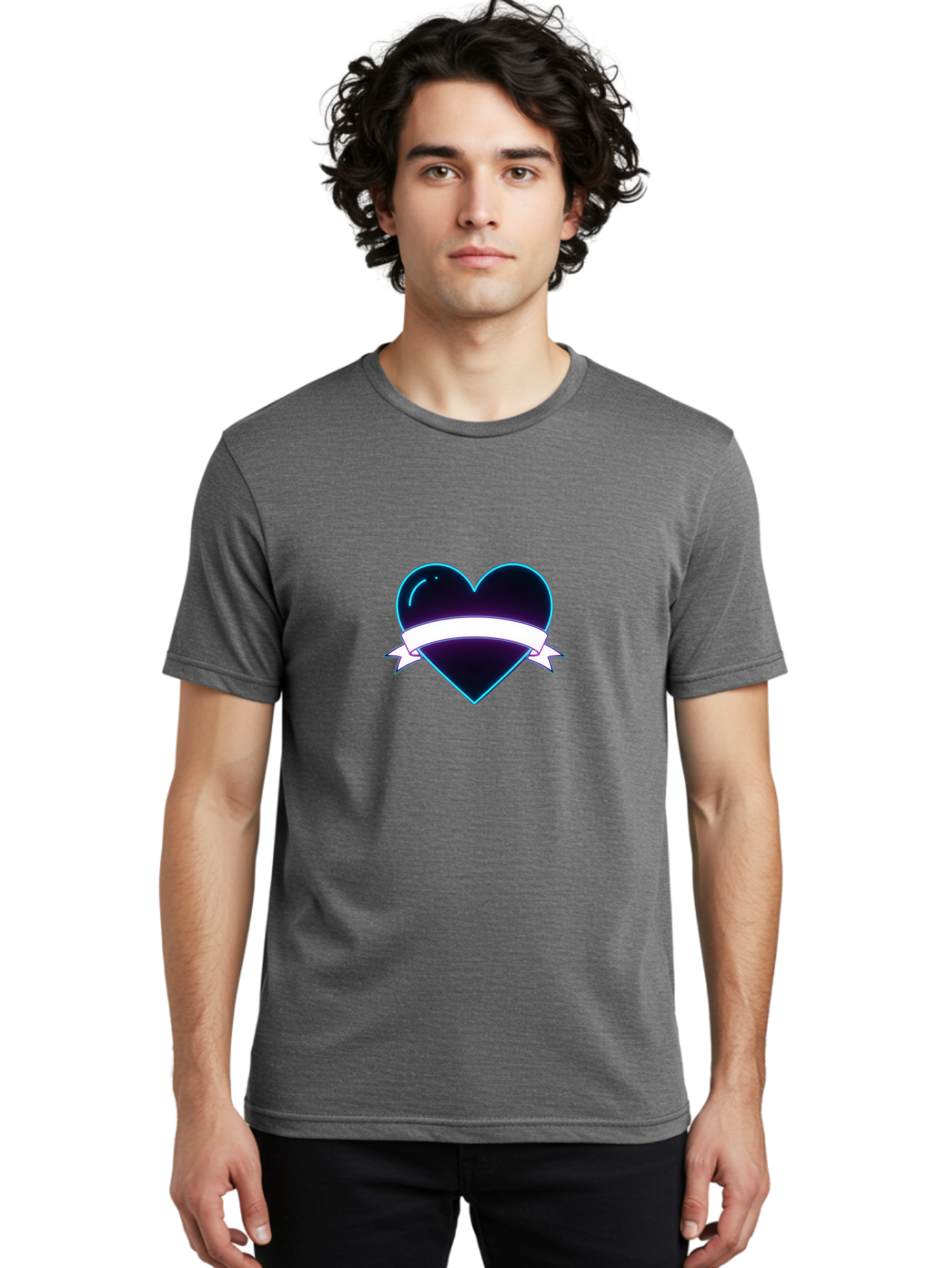Heart-With-Ribbon Men'S Graphic Tee, 100% Cotton, Comfortable Casual Summer Wear, Machine Washable, Black Heart, White Ribbon, Love Symbol, Heart Icon, Graphic Design Element, Purple Sheen, Shiny Heart, Valentine Symbol Bae201 20