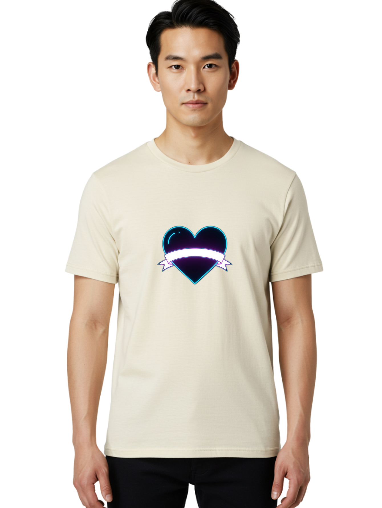 Heart-With-Ribbon Men'S Graphic Tee, 100% Cotton, Comfortable Casual Summer Wear, Machine Washable, Black Heart, White Ribbon, Love Symbol, Heart Icon, Graphic Design Element, Purple Sheen, Shiny Heart, Valentine Symbol Bae201 23