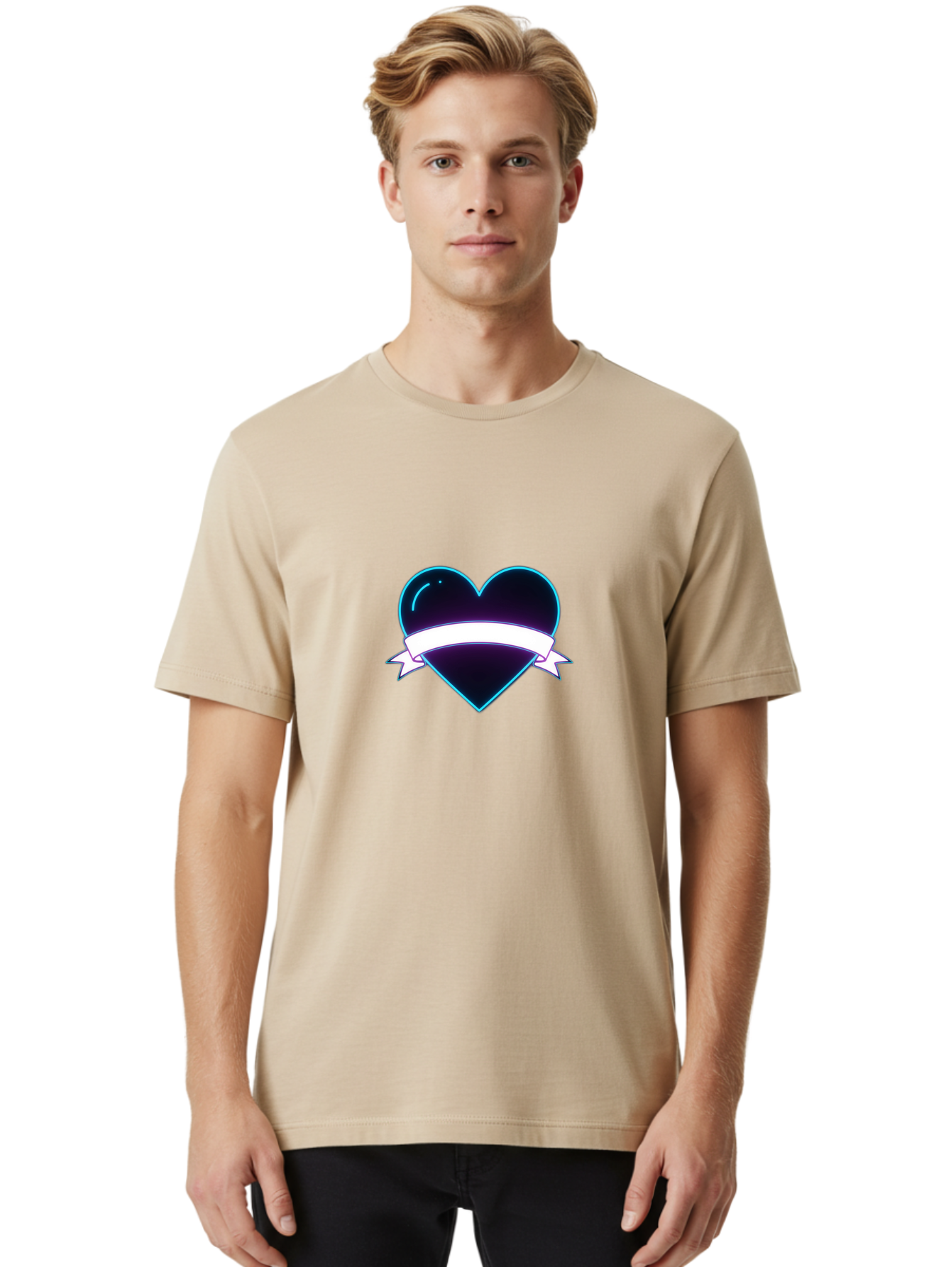 Heart-With-Ribbon Men'S Graphic Tee, 100% Cotton, Comfortable Casual Summer Wear, Machine Washable, Black Heart, White Ribbon, Love Symbol, Heart Icon, Graphic Design Element, Purple Sheen, Shiny Heart, Valentine Symbol Bae201 16