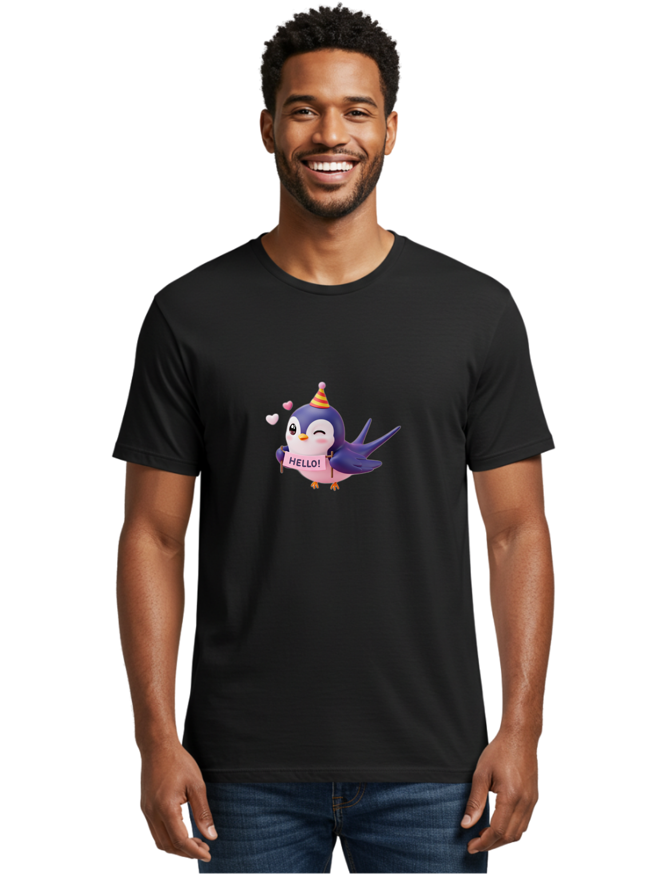 Hello-Bird Men'S Graphic Tee, 100% Cotton, Comfortable Casual Summer Wear, Machine Washable, Cartoon Bird, Party Hat, Hello Sign, Cute Animal, Friendly Greeting, Pink Hearts, Whimsical Design, Digital Illustration, Colorful Character Bae203 19