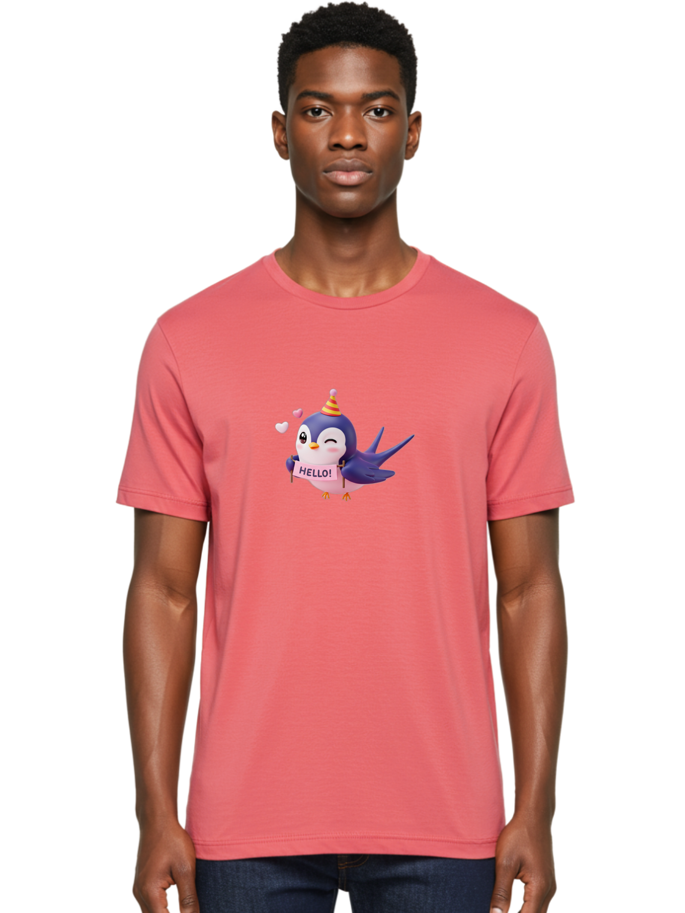 Hello-Bird Men'S Graphic Tee, 100% Cotton, Comfortable Casual Summer Wear, Machine Washable, Cartoon Bird, Party Hat, Hello Sign, Cute Animal, Friendly Greeting, Pink Hearts, Whimsical Design, Digital Illustration, Colorful Character Bae203 22