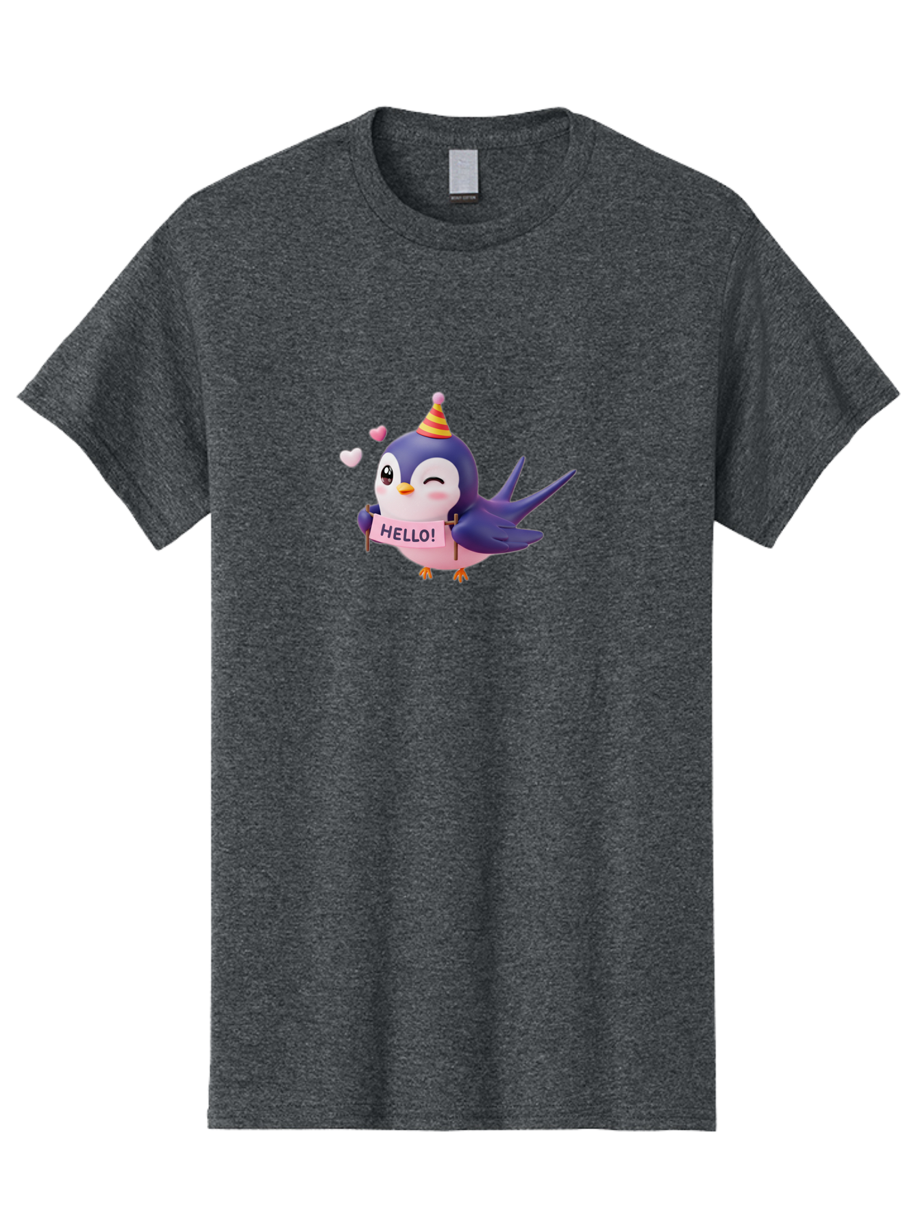 Hello-Bird Men'S Graphic Tee, 100% Cotton, Comfortable Casual Summer Wear, Machine Washable, Cartoon Bird, Party Hat, Hello Sign, Cute Animal, Friendly Greeting, Pink Hearts, Whimsical Design, Digital Illustration, Colorful Character Bae203 15