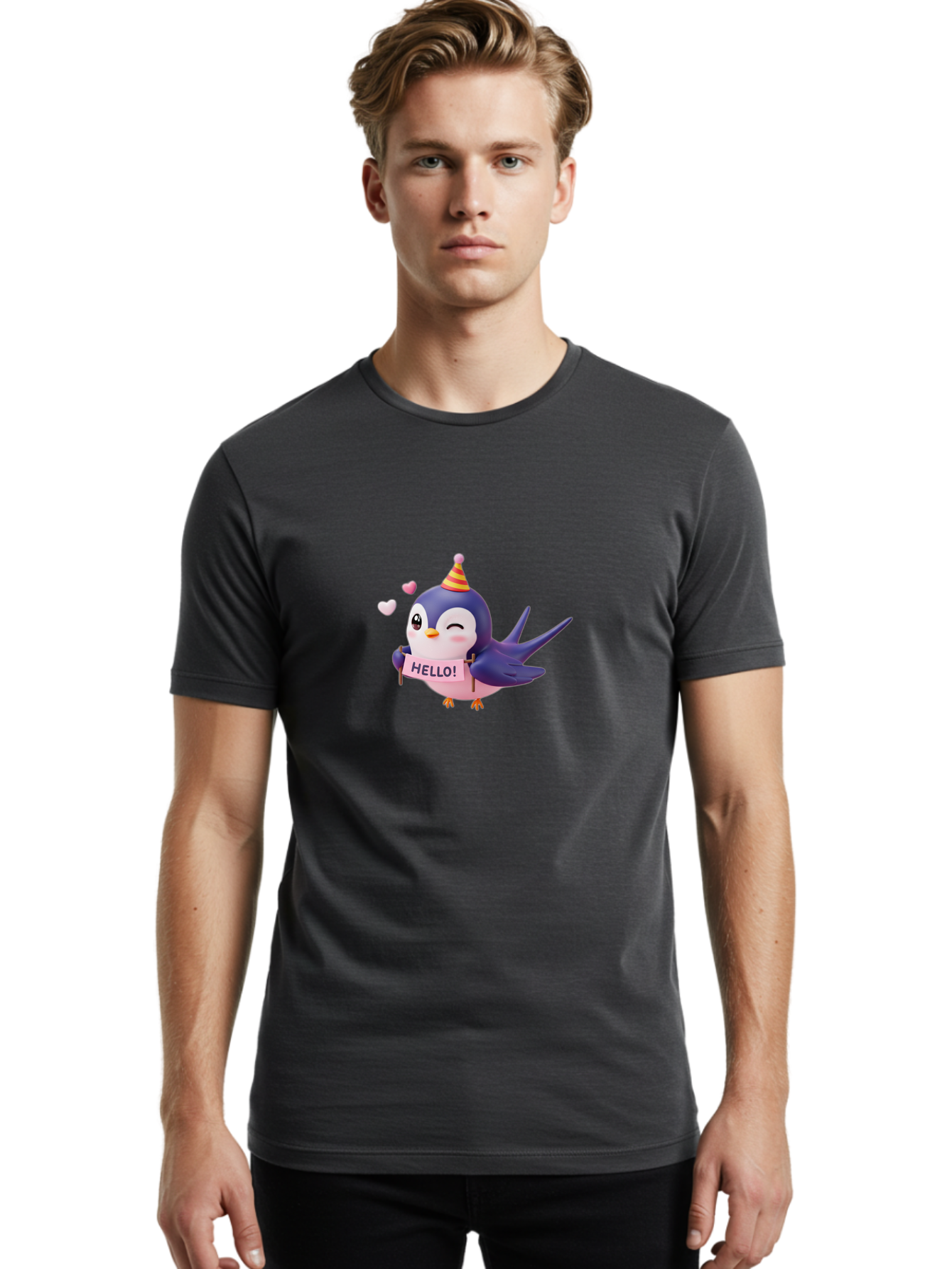 Hello-Bird Men'S Graphic Tee, 100% Cotton, Comfortable Casual Summer Wear, Machine Washable, Cartoon Bird, Party Hat, Hello Sign, Cute Animal, Friendly Greeting, Pink Hearts, Whimsical Design, Digital Illustration, Colorful Character Bae203 30