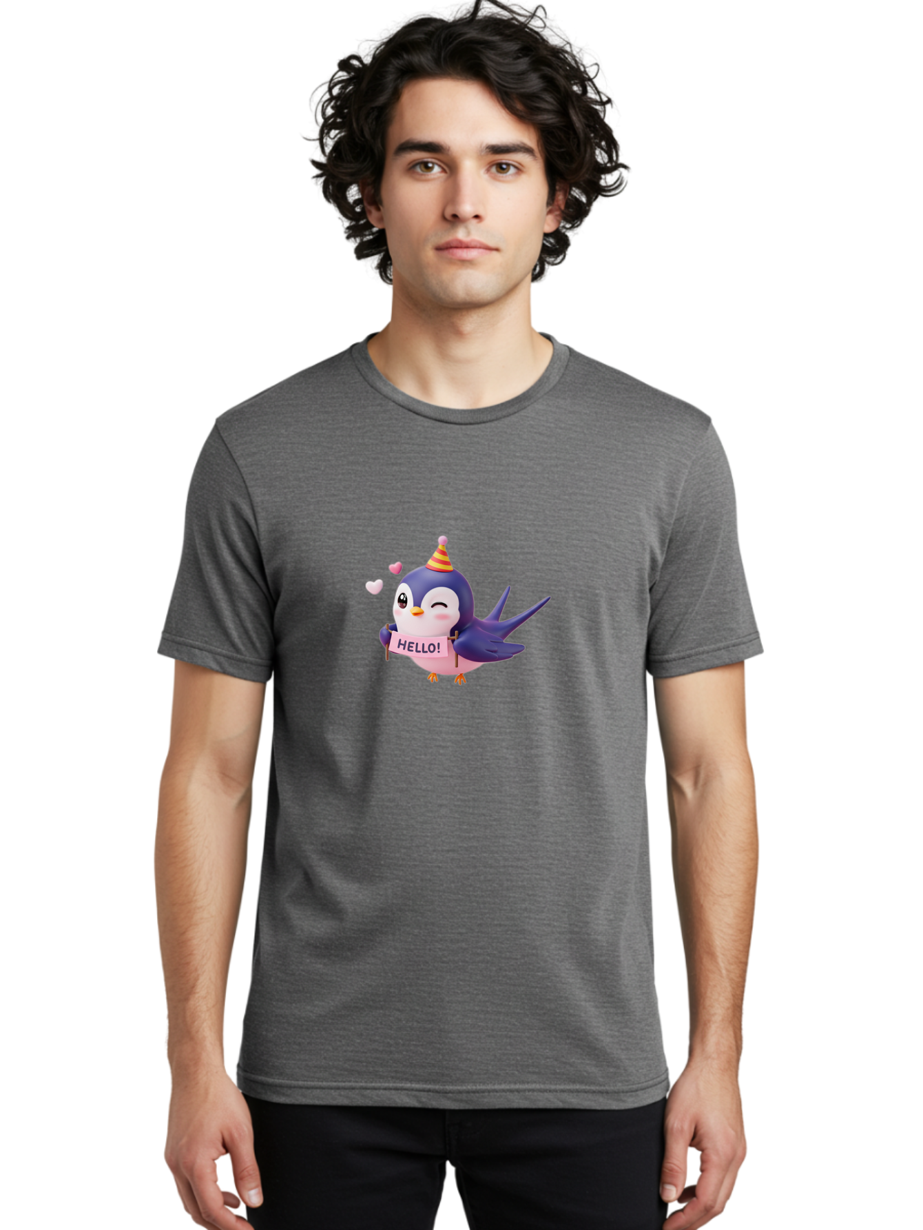 Hello-Bird Men'S Graphic Tee, 100% Cotton, Comfortable Casual Summer Wear, Machine Washable, Cartoon Bird, Party Hat, Hello Sign, Cute Animal, Friendly Greeting, Pink Hearts, Whimsical Design, Digital Illustration, Colorful Character Bae203 27
