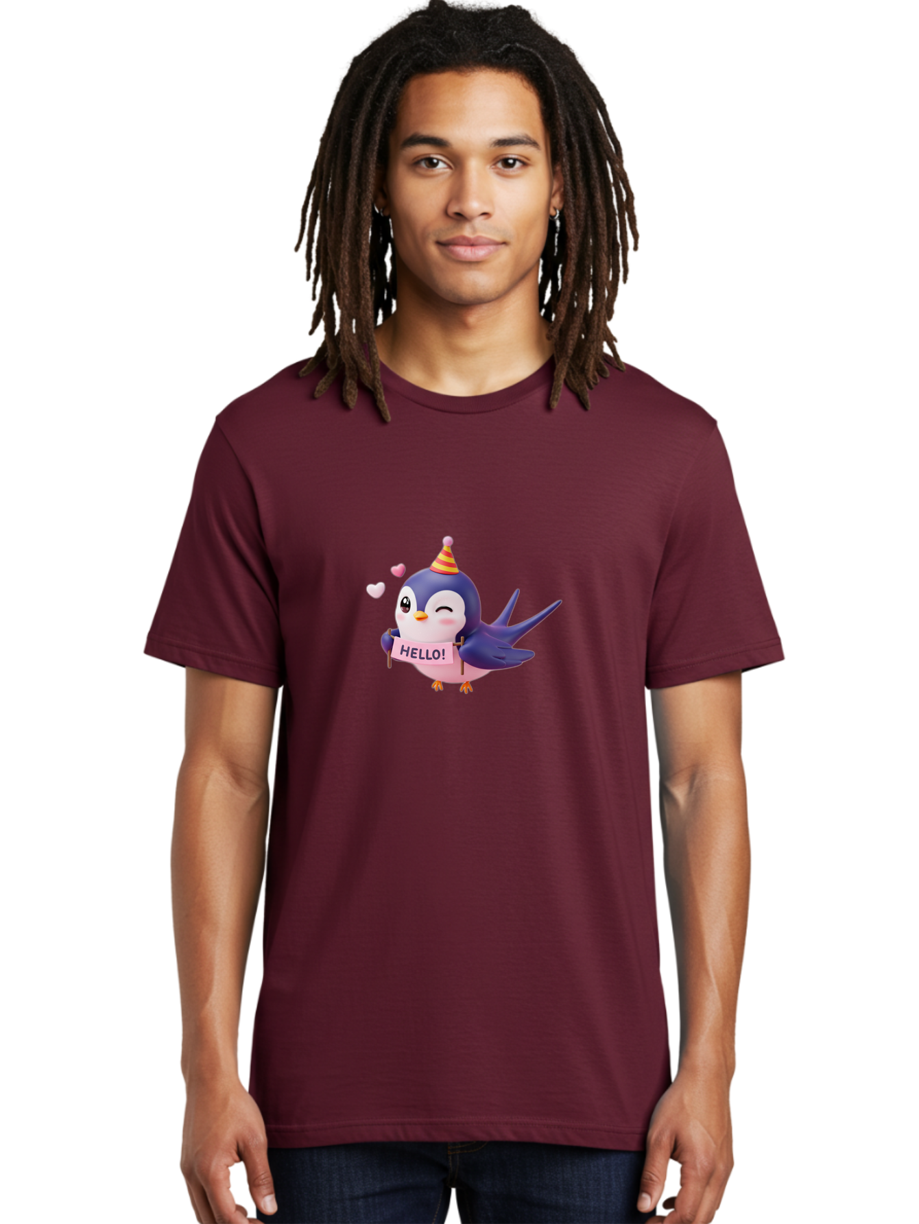 Hello-Bird Men'S Graphic Tee, 100% Cotton, Comfortable Casual Summer Wear, Machine Washable, Cartoon Bird, Party Hat, Hello Sign, Cute Animal, Friendly Greeting, Pink Hearts, Whimsical Design, Digital Illustration, Colorful Character Bae203 23