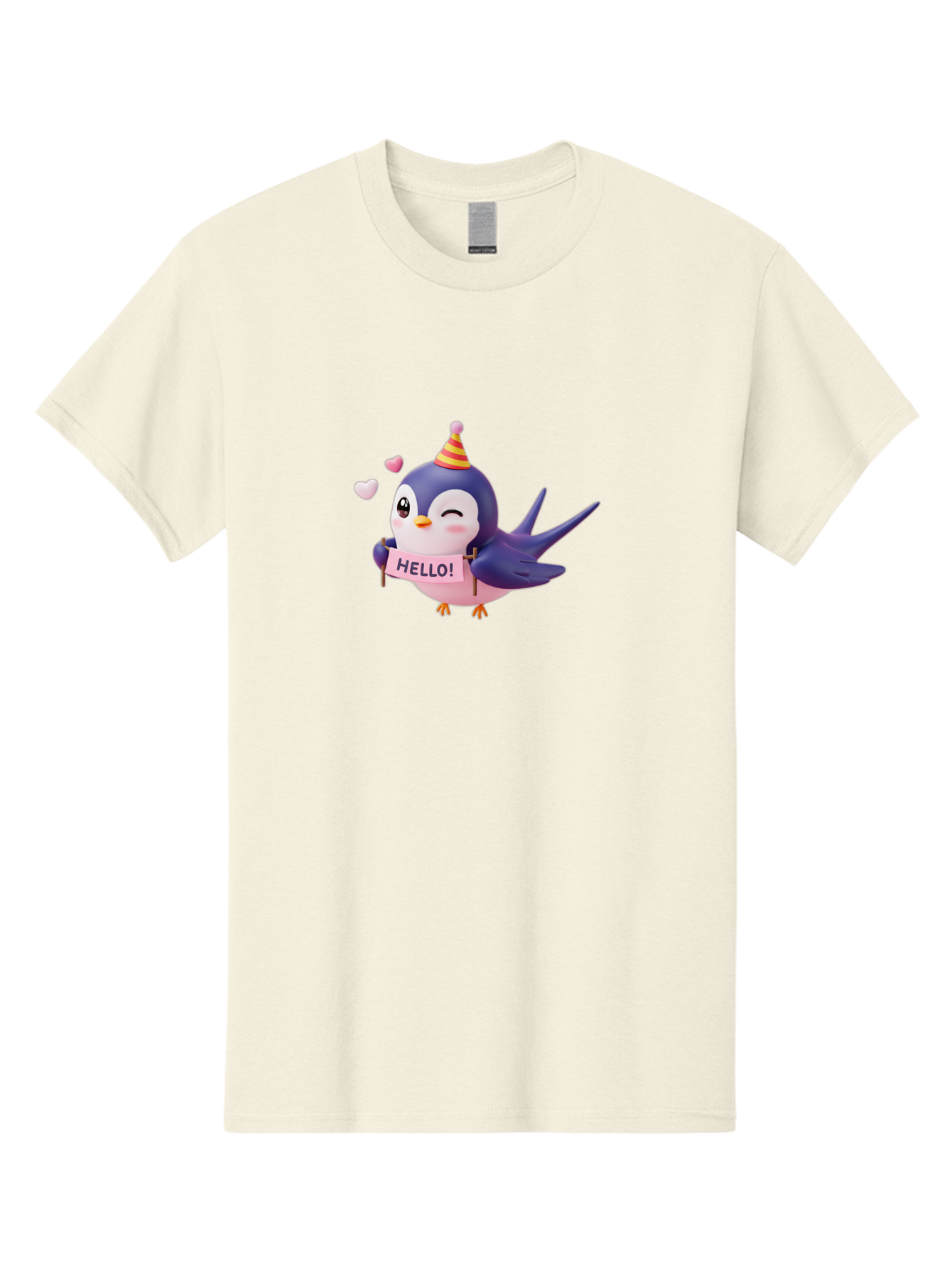 Hello-Bird Men'S Graphic Tee, 100% Cotton, Comfortable Casual Summer Wear, Machine Washable, Cartoon Bird, Party Hat, Hello Sign, Cute Animal, Friendly Greeting, Pink Hearts, Whimsical Design, Digital Illustration, Colorful Character Bae203 11