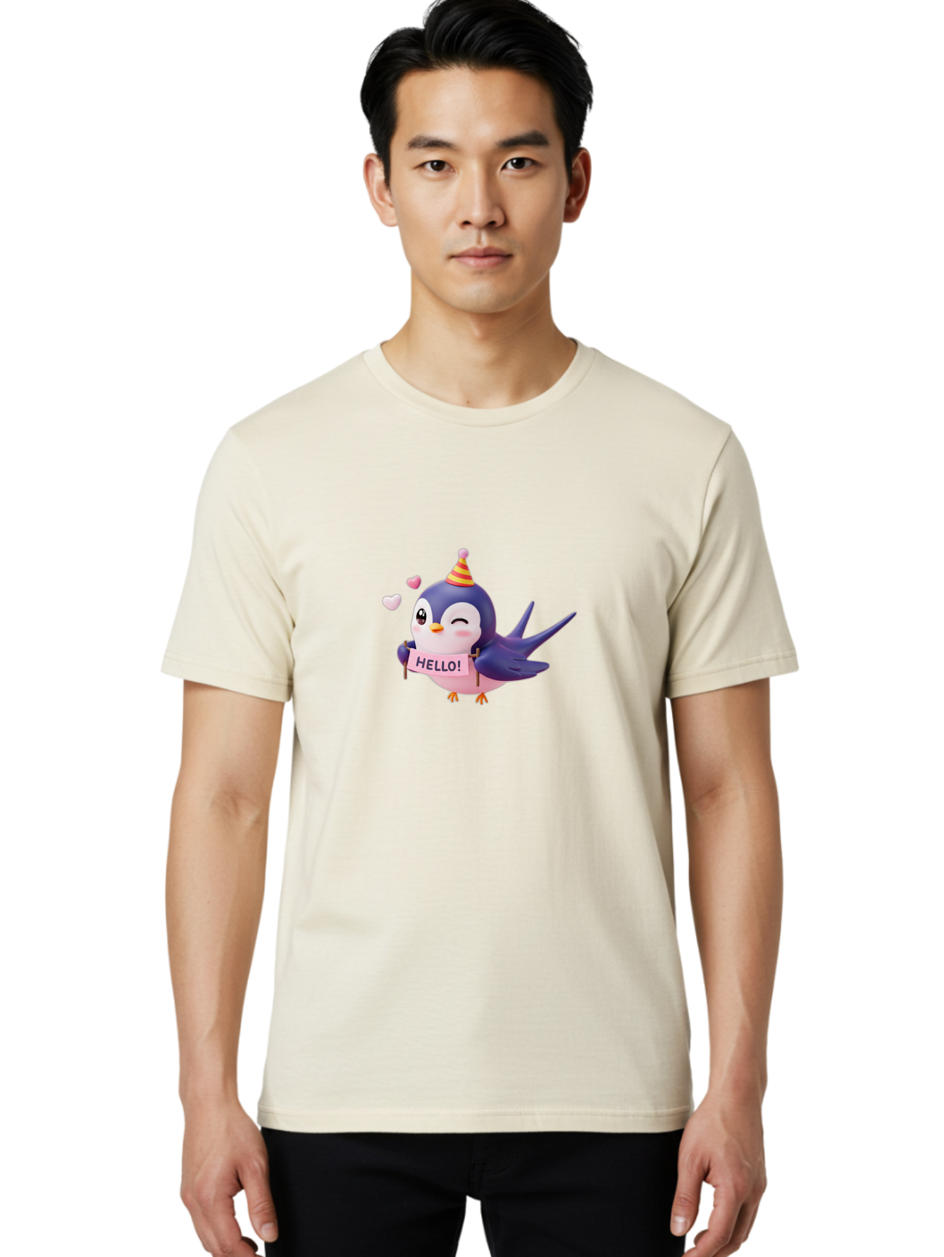 Hello-Bird Men'S Graphic Tee, 100% Cotton, Comfortable Casual Summer Wear, Machine Washable, Cartoon Bird, Party Hat, Hello Sign, Cute Animal, Friendly Greeting, Pink Hearts, Whimsical Design, Digital Illustration, Colorful Character Bae203 26