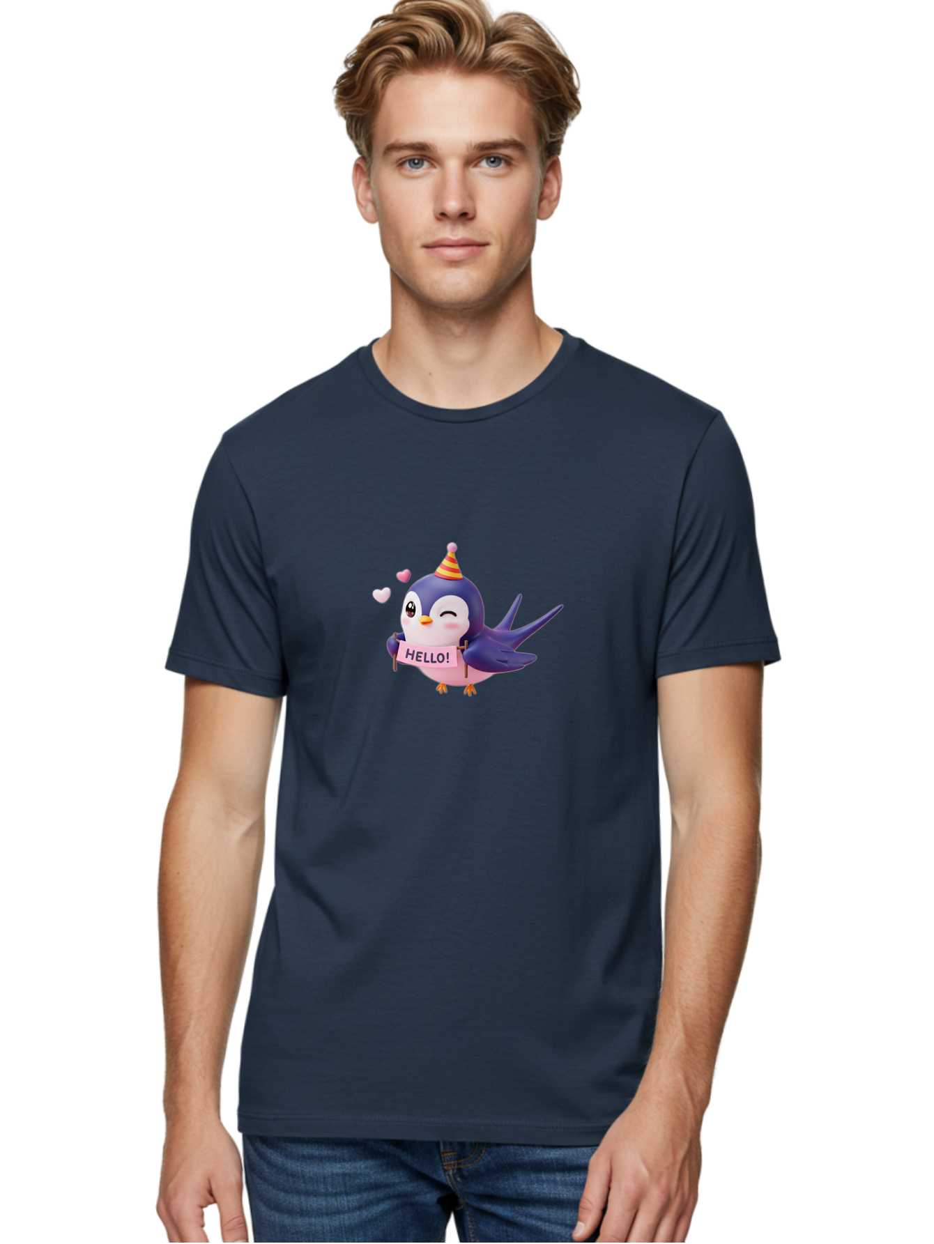 Hello-Bird Men'S Graphic Tee, 100% Cotton, Comfortable Casual Summer Wear, Machine Washable, Cartoon Bird, Party Hat, Hello Sign, Cute Animal, Friendly Greeting, Pink Hearts, Whimsical Design, Digital Illustration, Colorful Character Bae203 20