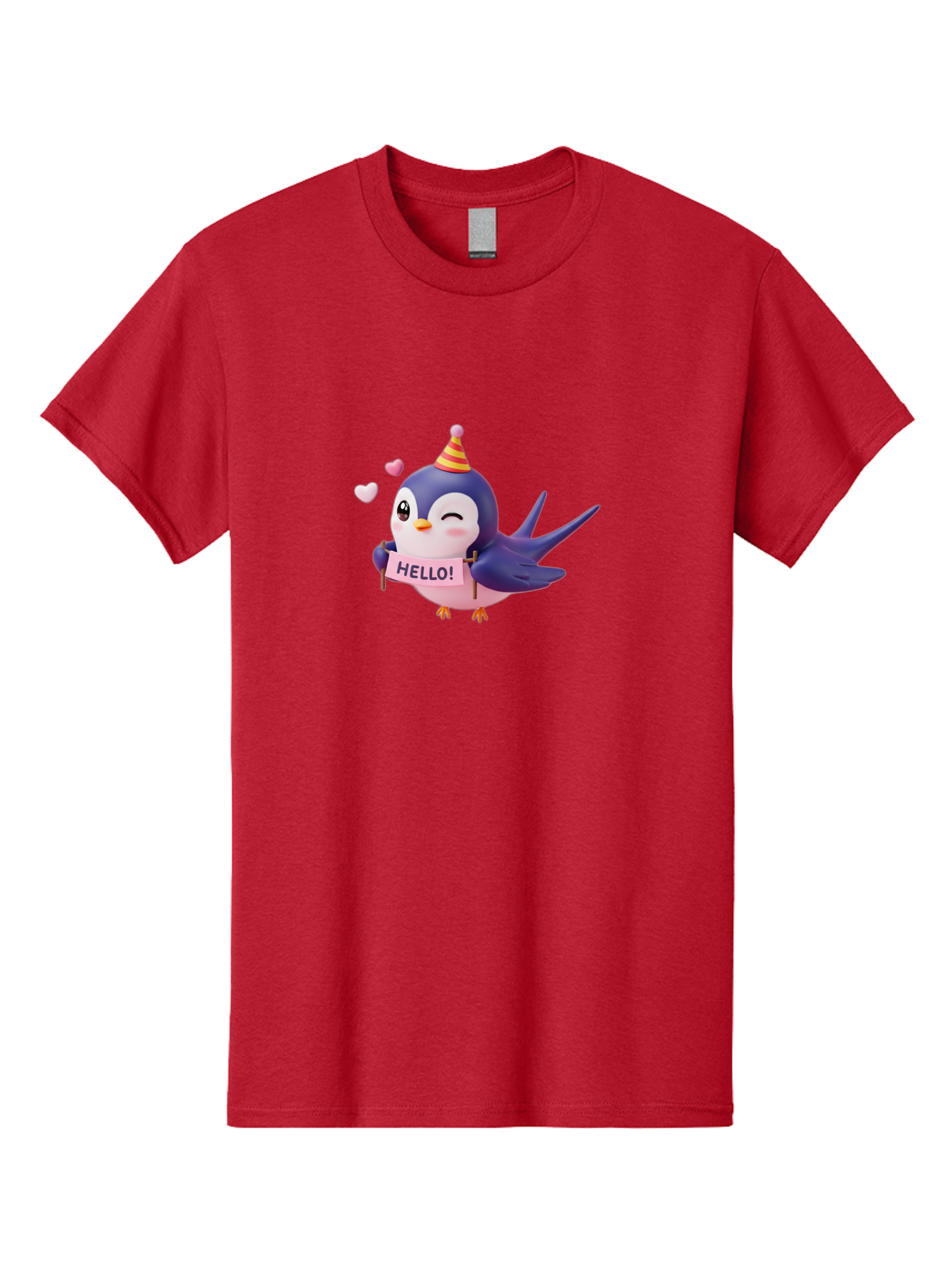 Hello-Bird Men'S Graphic Tee, 100% Cotton, Comfortable Casual Summer Wear, Machine Washable, Cartoon Bird, Party Hat, Hello Sign, Cute Animal, Friendly Greeting, Pink Hearts, Whimsical Design, Digital Illustration, Colorful Character Bae203 3