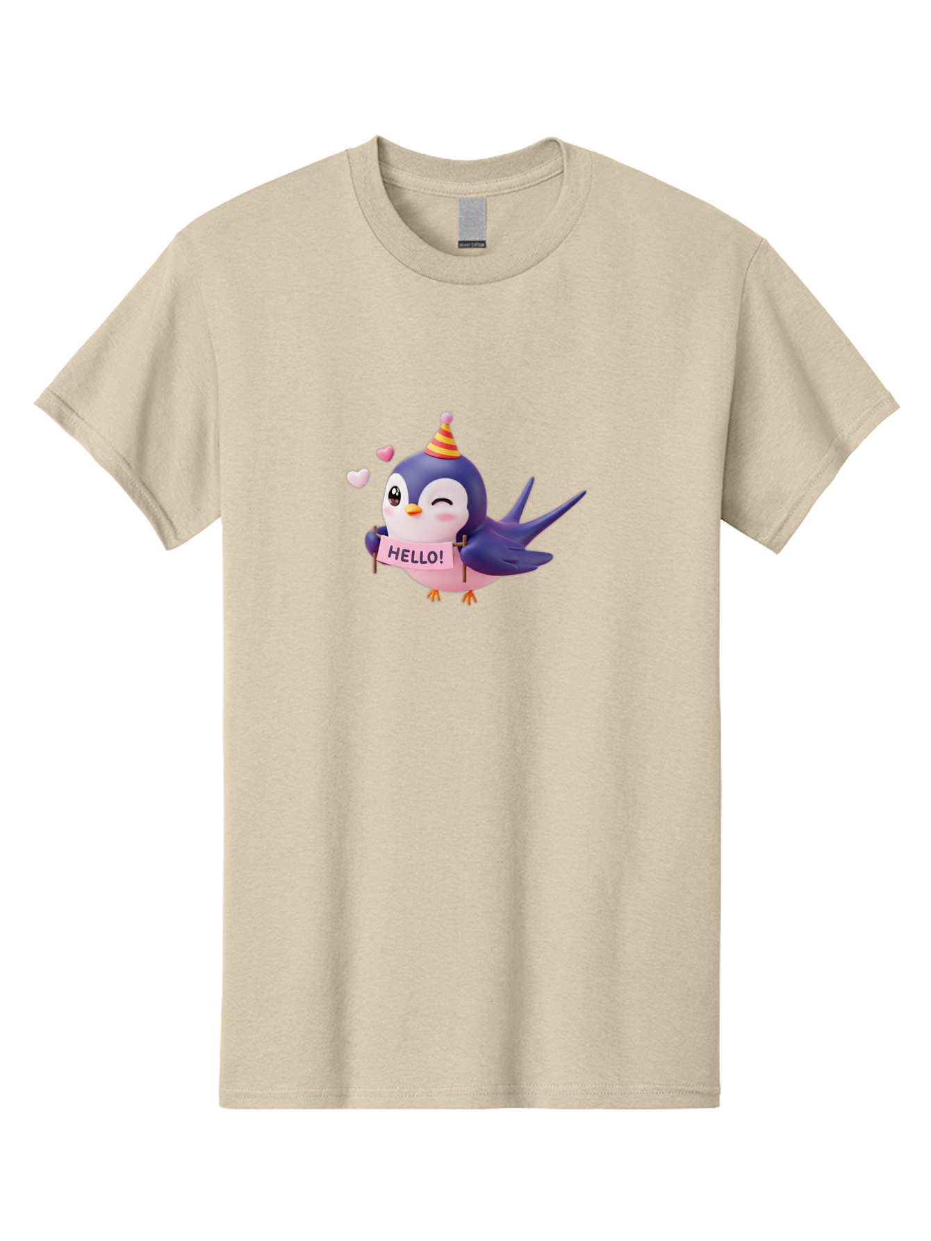 Hello-Bird Men'S Graphic Tee, 100% Cotton, Comfortable Casual Summer Wear, Machine Washable, Cartoon Bird, Party Hat, Hello Sign, Cute Animal, Friendly Greeting, Pink Hearts, Whimsical Design, Digital Illustration, Colorful Character Bae203 10