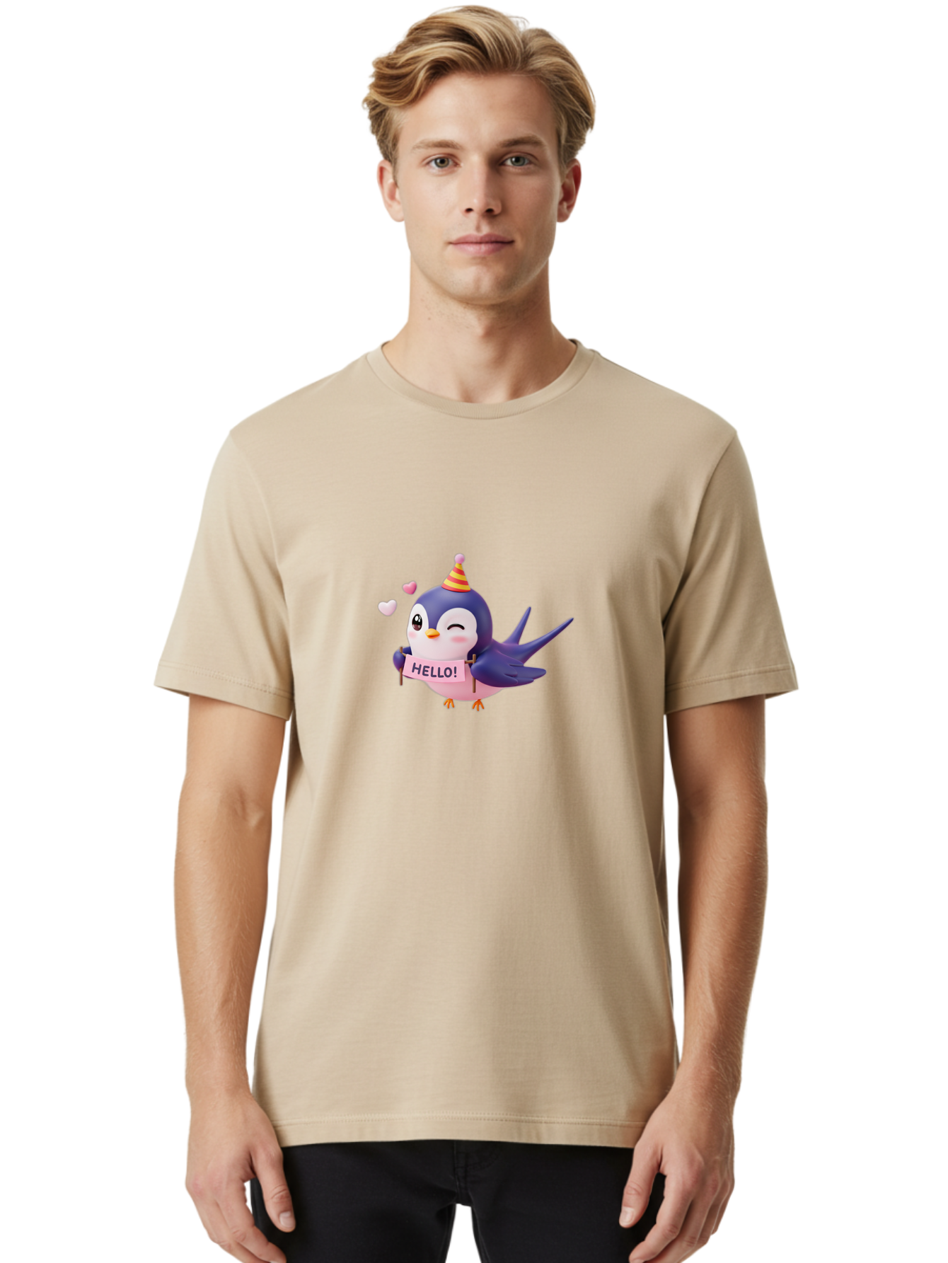 Hello-Bird Men'S Graphic Tee, 100% Cotton, Comfortable Casual Summer Wear, Machine Washable, Cartoon Bird, Party Hat, Hello Sign, Cute Animal, Friendly Greeting, Pink Hearts, Whimsical Design, Digital Illustration, Colorful Character Bae203 25