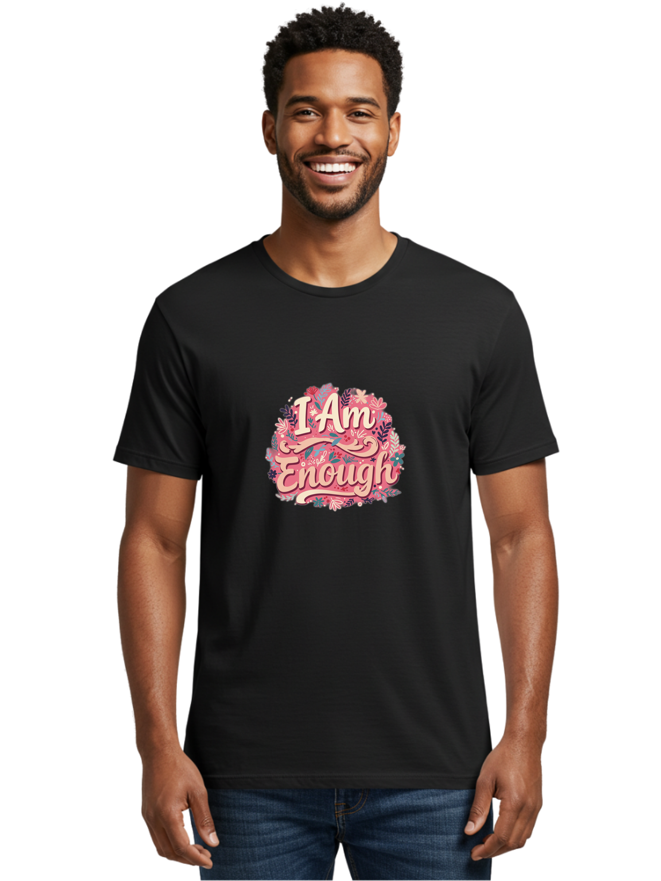 I-Am-Enough-1 Men'S Graphic Tee, 100% Cotton, Comfortable Casual Summer Wear, Machine Washable, Motivational Quote, Affirmation, Floral Design, Feminine Typography, Empowerment, Self-Love, Pink Flowers, Inspirational Art, Positive Thinking, Bae205 16