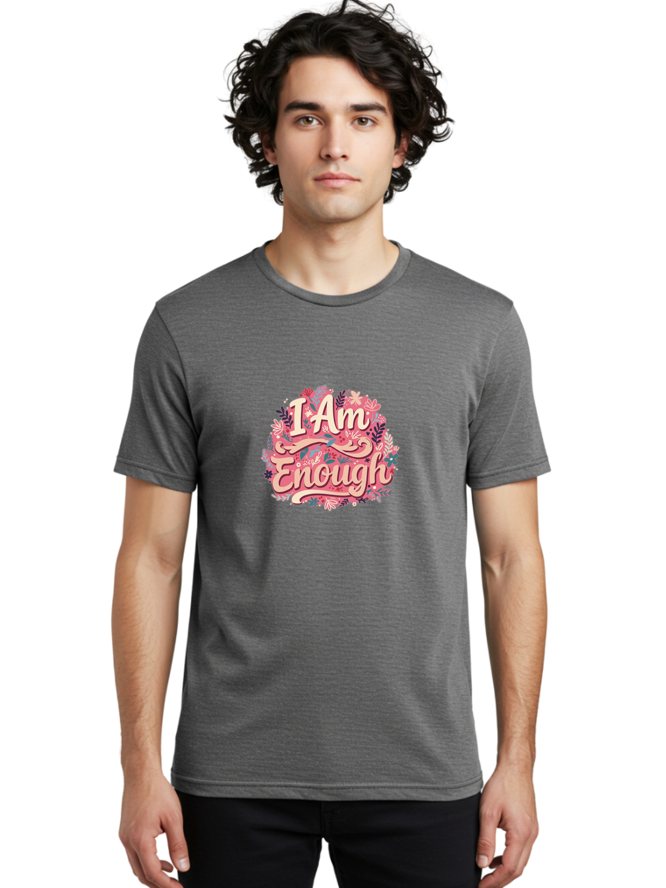 I-Am-Enough-1 Men'S Graphic Tee, 100% Cotton, Comfortable Casual Summer Wear, Machine Washable, Motivational Quote, Affirmation, Floral Design, Feminine Typography, Empowerment, Self-Love, Pink Flowers, Inspirational Art, Positive Thinking, Bae205 29