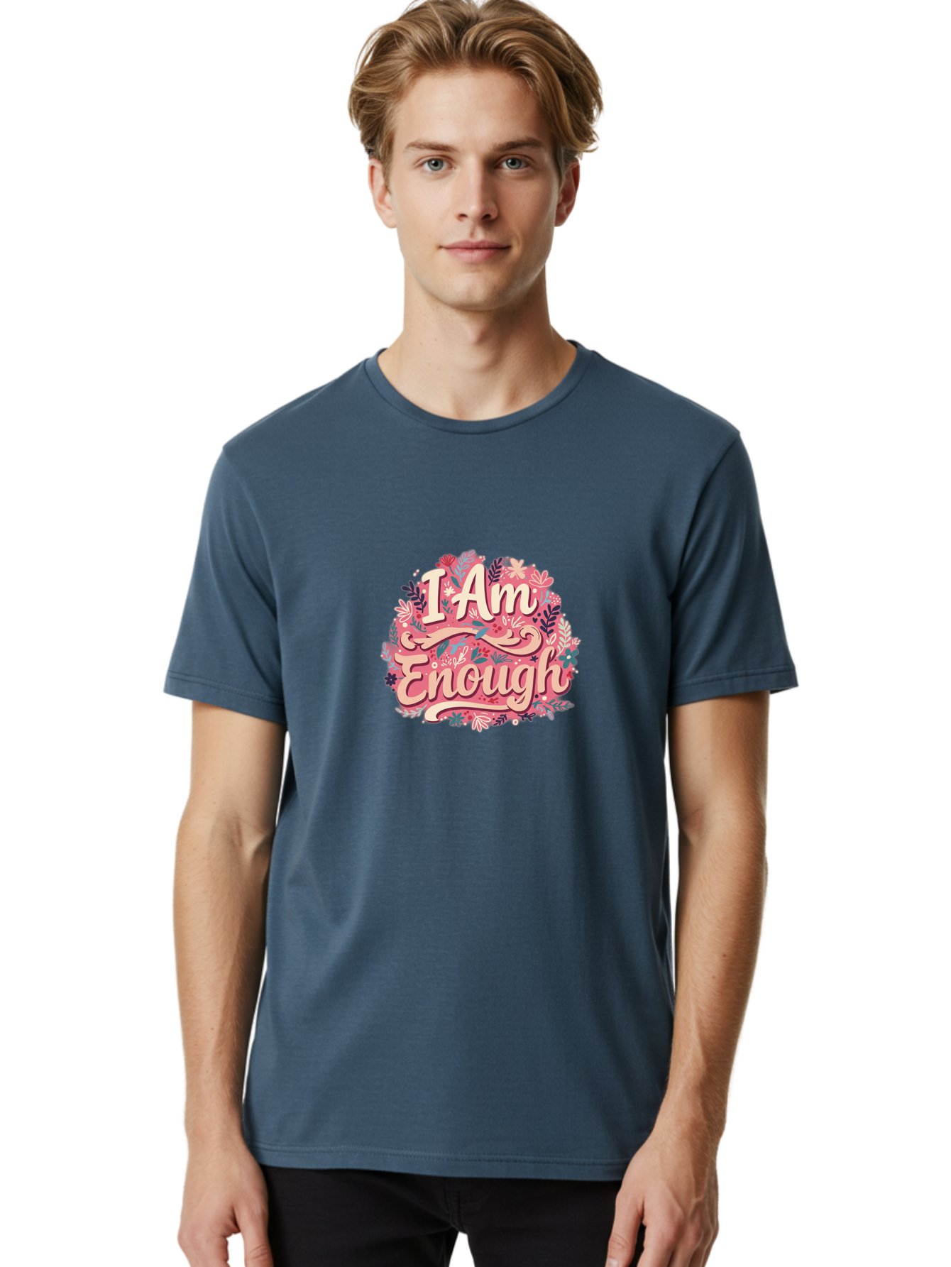 I-Am-Enough-1 Men'S Graphic Tee, 100% Cotton, Comfortable Casual Summer Wear, Machine Washable, Motivational Quote, Affirmation, Floral Design, Feminine Typography, Empowerment, Self-Love, Pink Flowers, Inspirational Art, Positive Thinking, Bae205 21