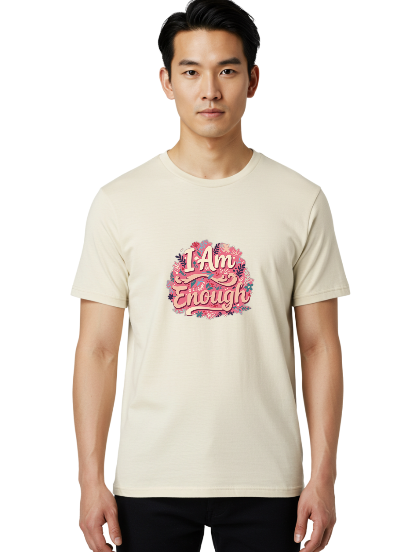 I-Am-Enough-1 Men'S Graphic Tee, 100% Cotton, Comfortable Casual Summer Wear, Machine Washable, Motivational Quote, Affirmation, Floral Design, Feminine Typography, Empowerment, Self-Love, Pink Flowers, Inspirational Art, Positive Thinking, Bae205 20