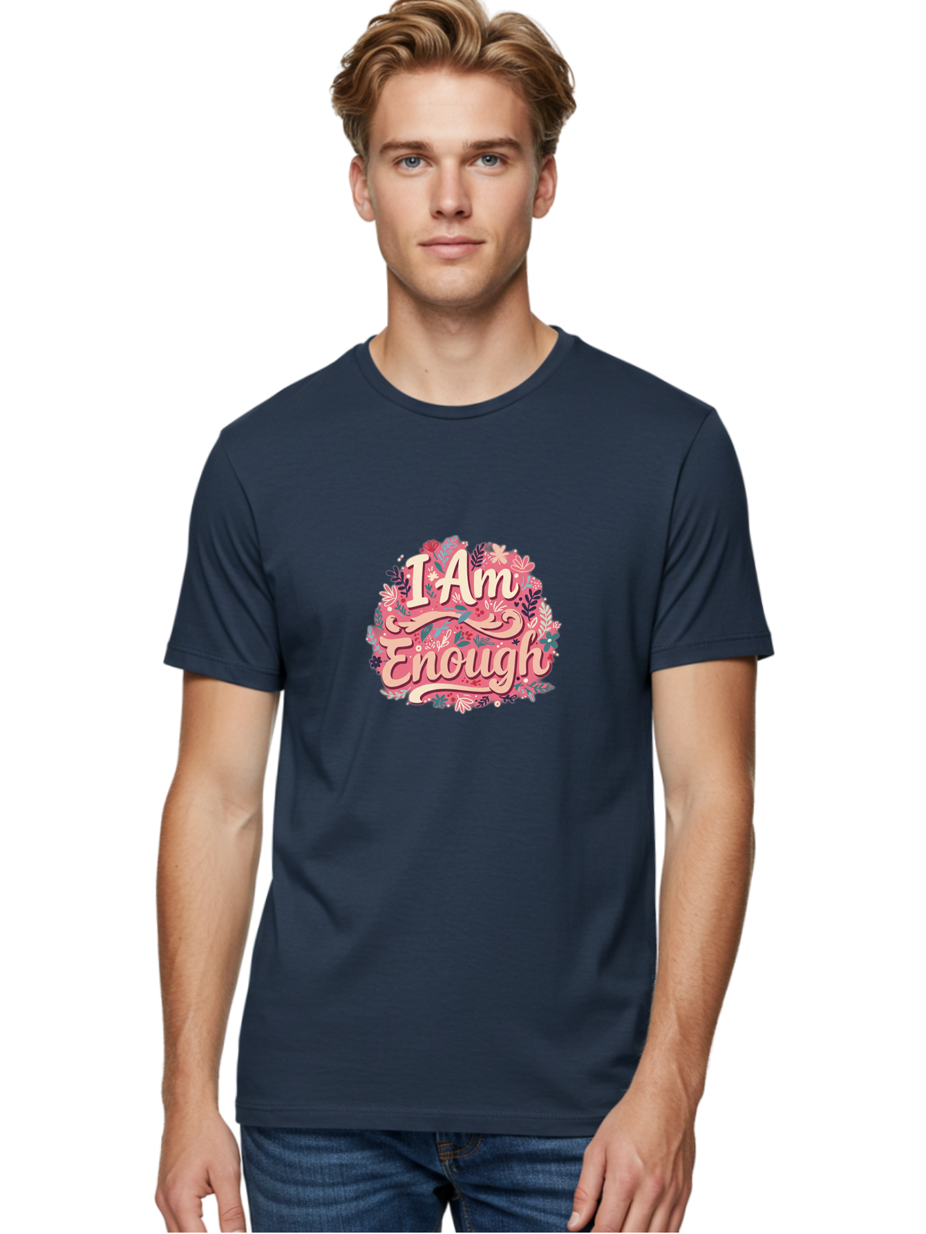 I-Am-Enough-1 Men'S Graphic Tee, 100% Cotton, Comfortable Casual Summer Wear, Machine Washable, Motivational Quote, Affirmation, Floral Design, Feminine Typography, Empowerment, Self-Love, Pink Flowers, Inspirational Art, Positive Thinking, Bae205 27