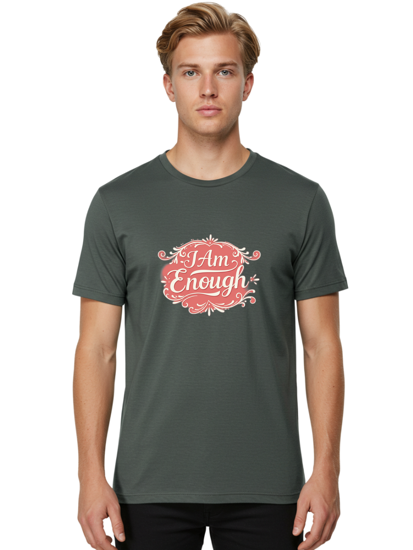 I-Am-Enough-3 Men'S Graphic Tee, 100% Cotton, Comfortable Casual Summer Wear, Machine Washable, Positive Affirmation, Self Love, Empowerment, Motivational Quote, Inspirational Message, Pink And White Design, Floral Elements, Bae207 24