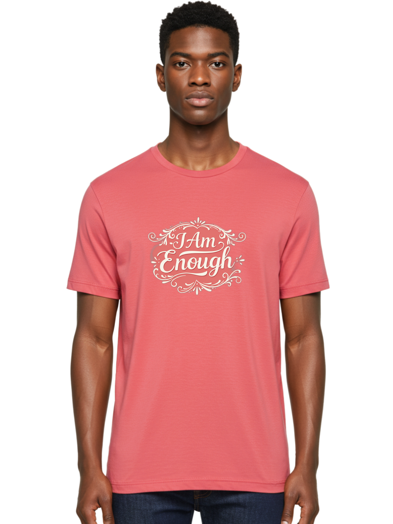 I-Am-Enough-3 Men'S Graphic Tee, 100% Cotton, Comfortable Casual Summer Wear, Machine Washable, Positive Affirmation, Self Love, Empowerment, Motivational Quote, Inspirational Message, Pink And White Design, Floral Elements, Bae207 27