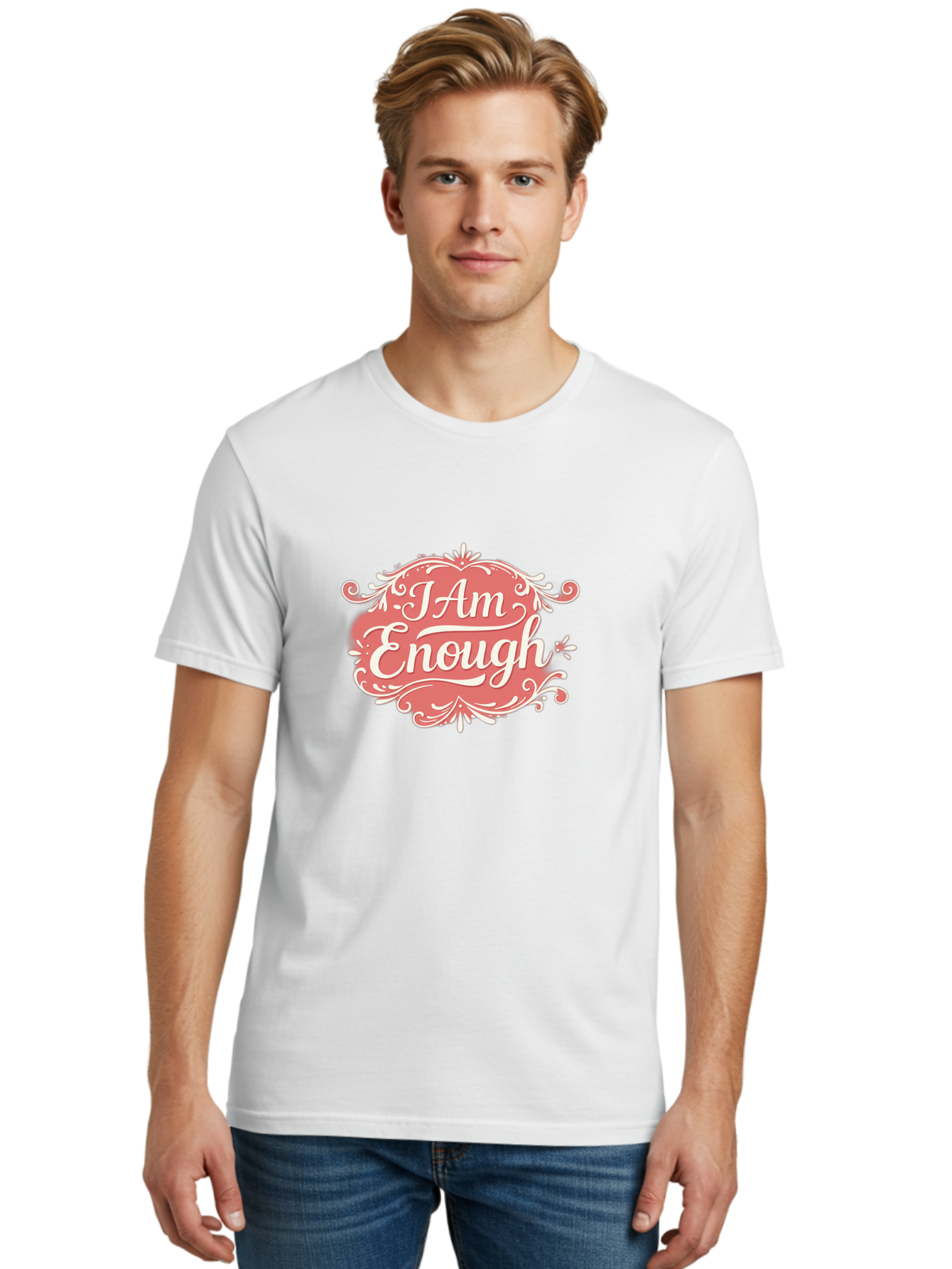 I-Am-Enough-3 Men'S Graphic Tee, 100% Cotton, Comfortable Casual Summer Wear, Machine Washable, Positive Affirmation, Self Love, Empowerment, Motivational Quote, Inspirational Message, Pink And White Design, Floral Elements, Bae207 18