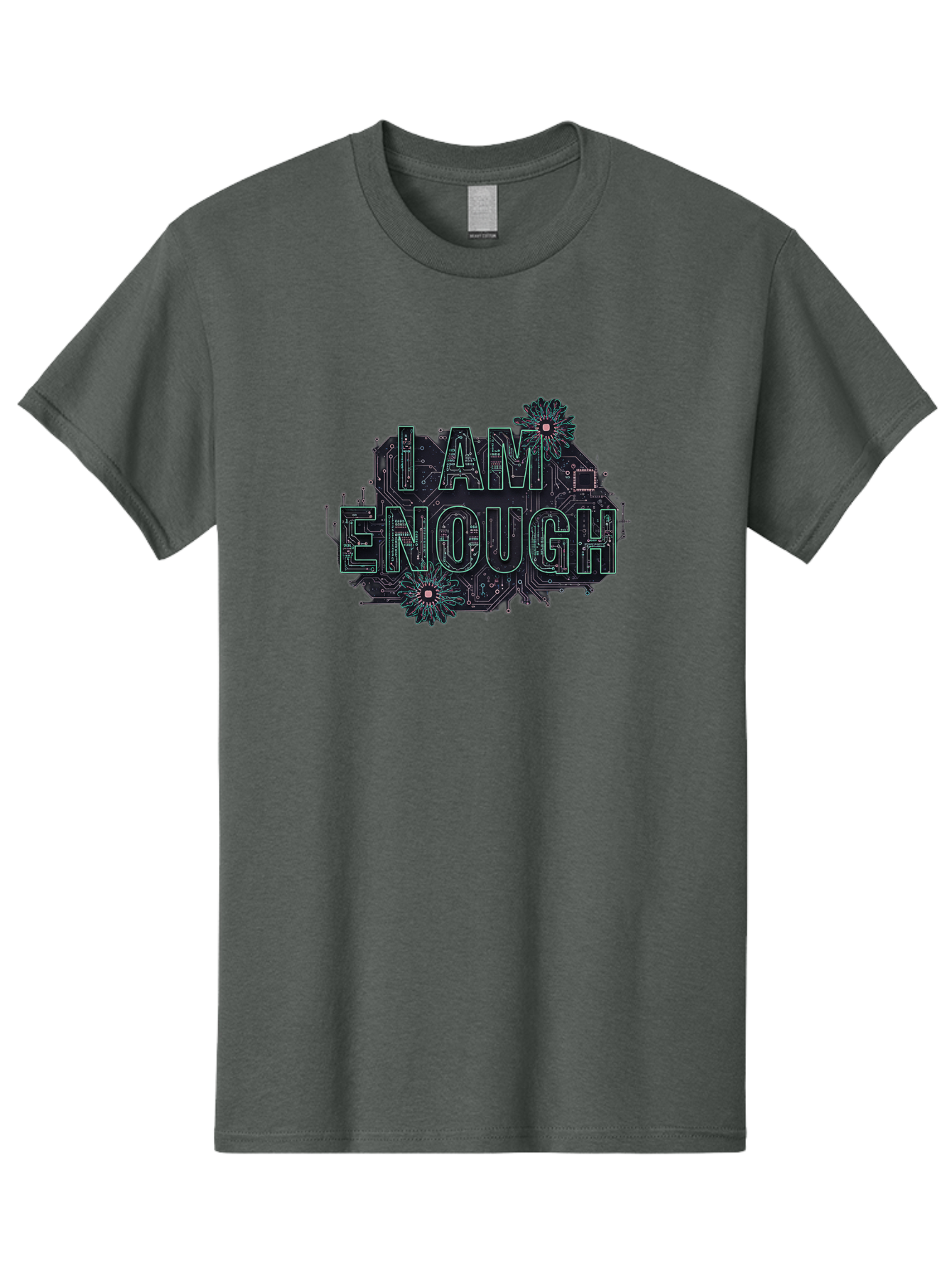 I-Am-Enough-5 Men'S Graphic Tee, 100% Cotton, Comfortable Casual Summer Wear, Machine Washable, Circuit Board Design, Self-Empowerment Message, Motivational Quote, Positive Affirmation, Floral Elements, Tech-Meets-Nature, Confidence Booster Bae209 5
