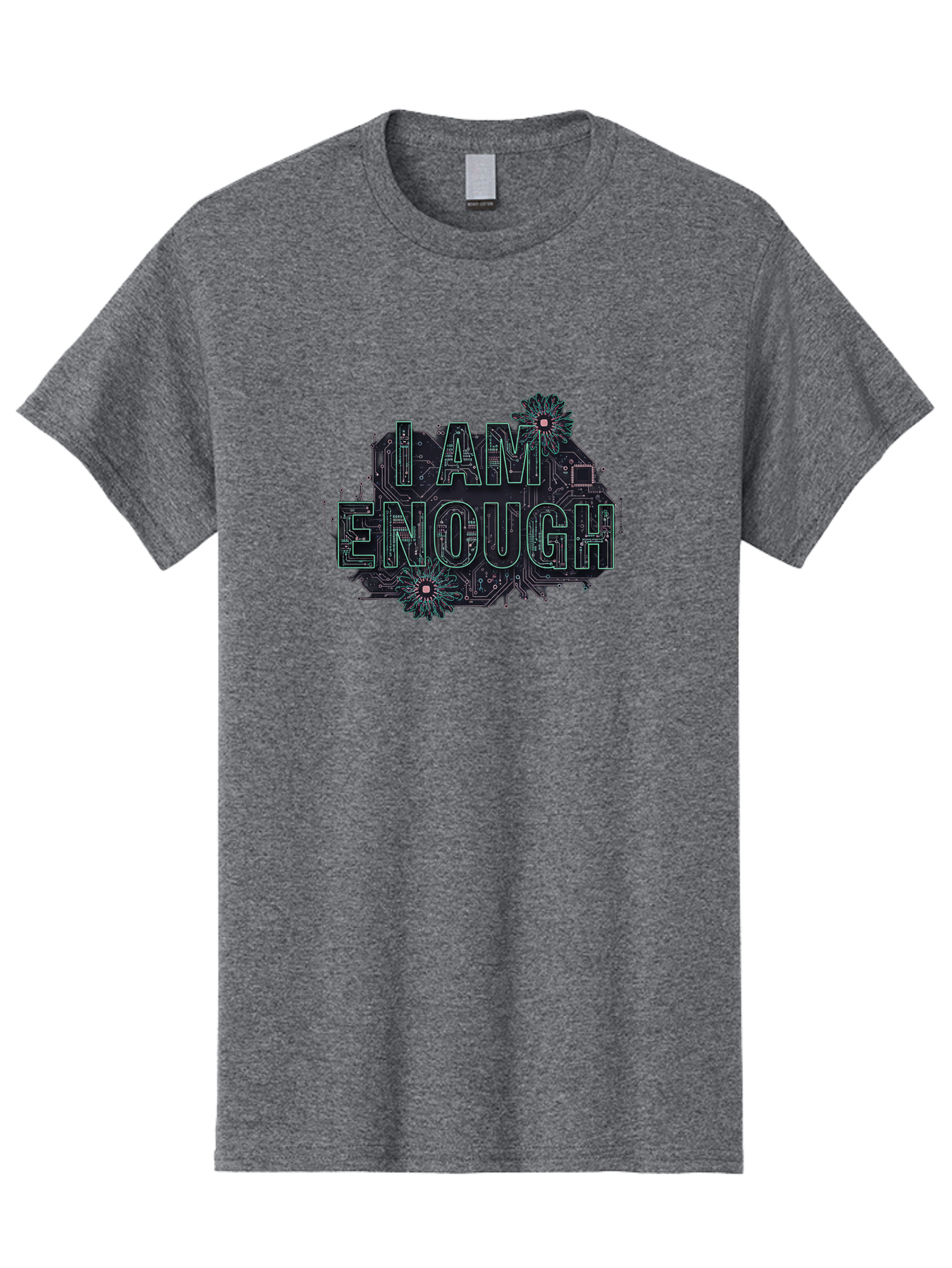 I-Am-Enough-5 Men'S Graphic Tee, 100% Cotton, Comfortable Casual Summer Wear, Machine Washable, Circuit Board Design, Self-Empowerment Message, Motivational Quote, Positive Affirmation, Floral Elements, Tech-Meets-Nature, Confidence Booster Bae209 9