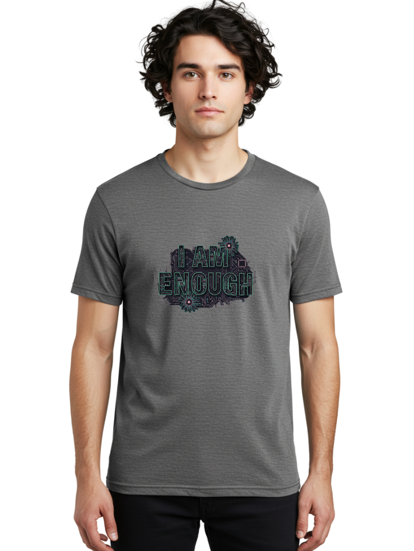 I-Am-Enough-5 Men'S Graphic Tee, 100% Cotton, Comfortable Casual Summer Wear, Machine Washable, Circuit Board Design, Self-Empowerment Message, Motivational Quote, Positive Affirmation, Floral Elements, Tech-Meets-Nature, Confidence Booster Bae209 24