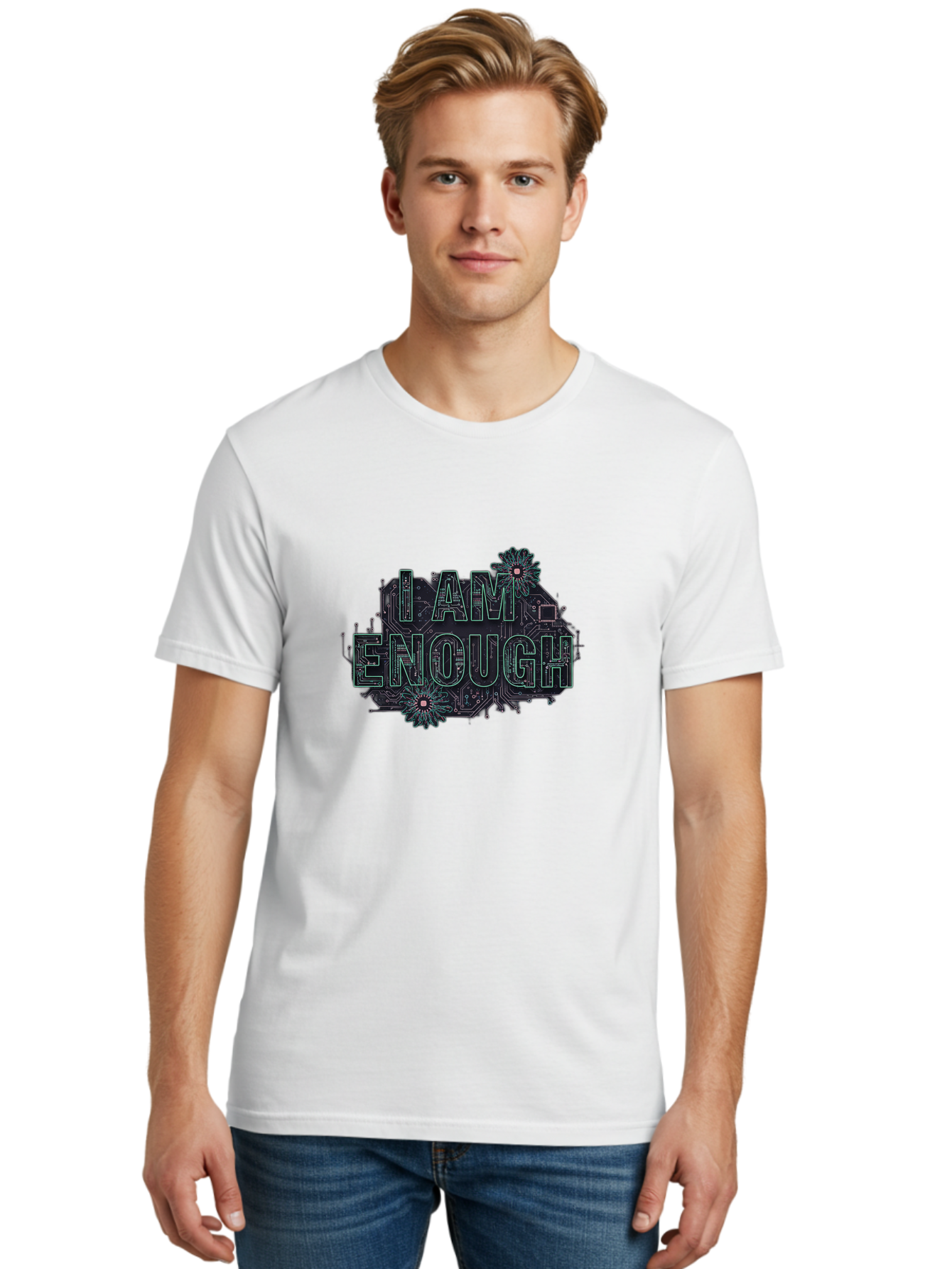 I-Am-Enough-5 Men'S Graphic Tee, 100% Cotton, Comfortable Casual Summer Wear, Machine Washable, Circuit Board Design, Self-Empowerment Message, Motivational Quote, Positive Affirmation, Floral Elements, Tech-Meets-Nature, Confidence Booster Bae209 30