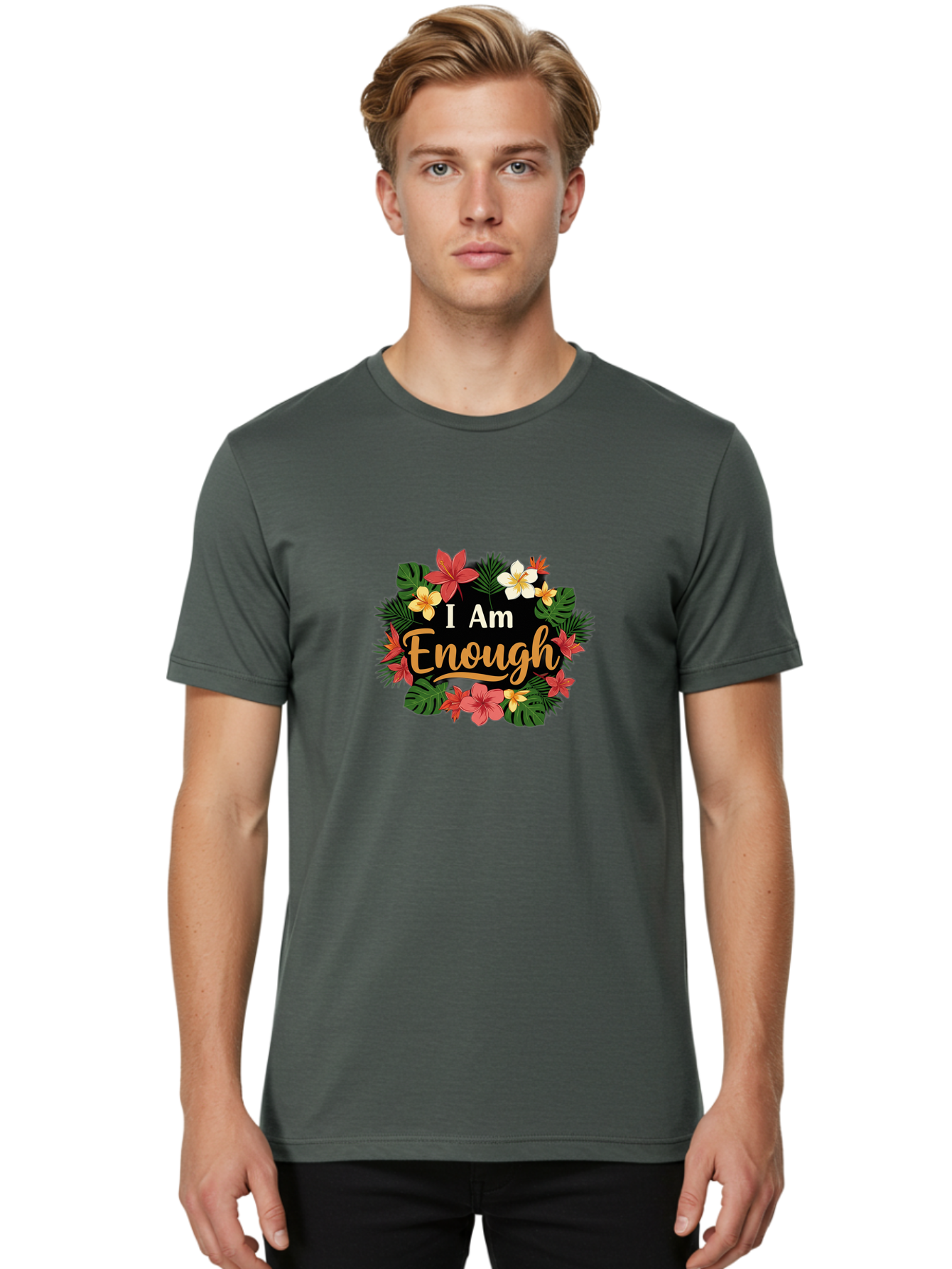 I-Am-Enough-6 Men'S Graphic Tee, 100% Cotton, Comfortable Casual Summer Wear, Machine Washable, Motivational Quote, Floral Wreath, Affirmation, Self-Love, Empowerment, Inspirational Quote, Positive Vibes, Tropical Flowers, Leaves Bae210 27