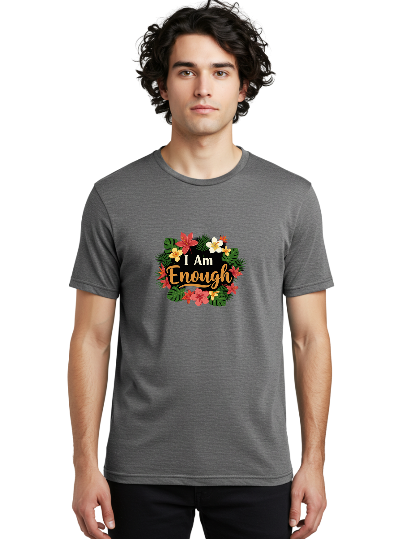 I-Am-Enough-6 Men'S Graphic Tee, 100% Cotton, Comfortable Casual Summer Wear, Machine Washable, Motivational Quote, Floral Wreath, Affirmation, Self-Love, Empowerment, Inspirational Quote, Positive Vibes, Tropical Flowers, Leaves Bae210 25