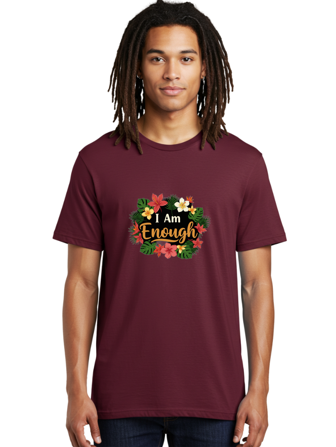 I-Am-Enough-6 Men'S Graphic Tee, 100% Cotton, Comfortable Casual Summer Wear, Machine Washable, Motivational Quote, Floral Wreath, Affirmation, Self-Love, Empowerment, Inspirational Quote, Positive Vibes, Tropical Flowers, Leaves Bae210 29