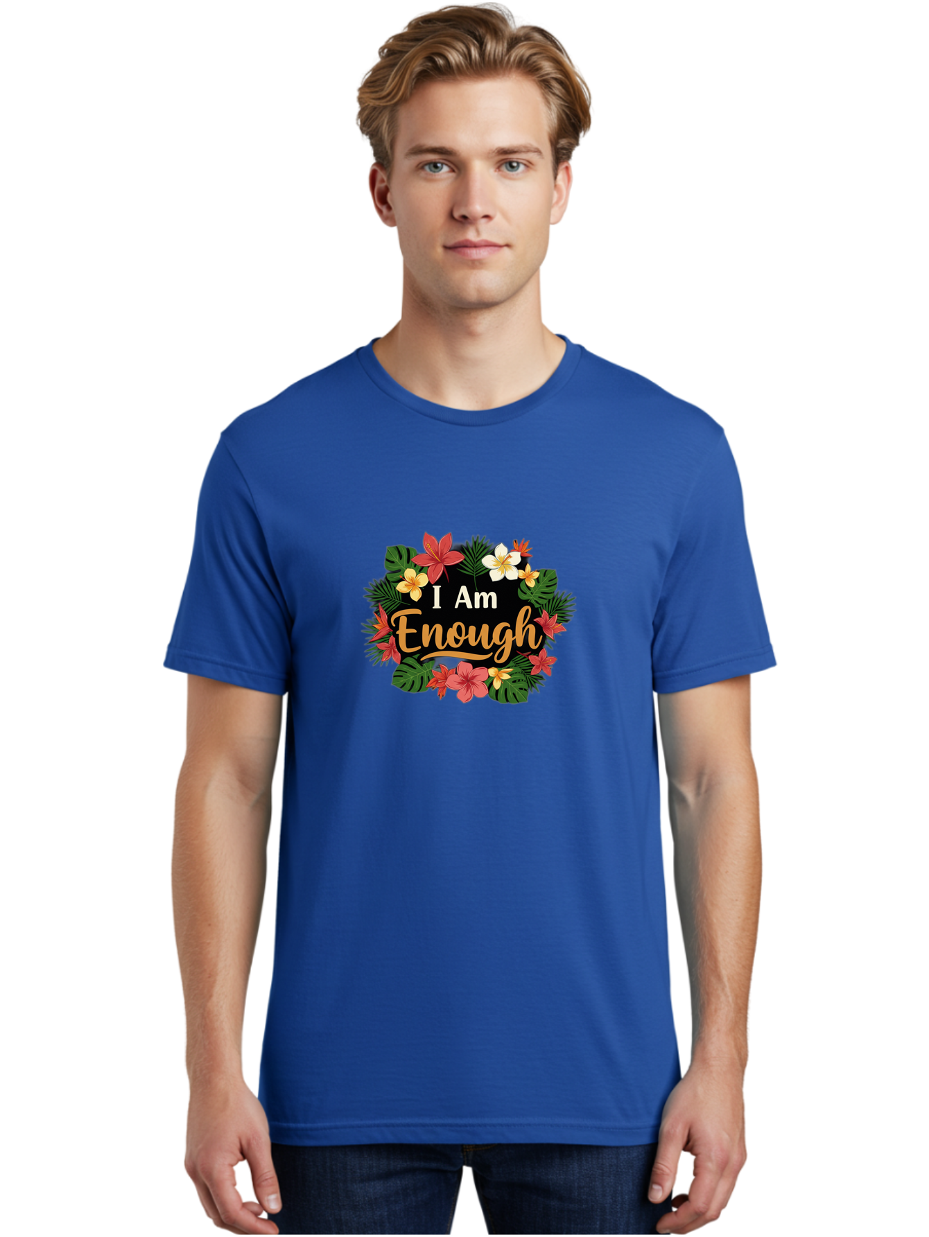 I-Am-Enough-6 Men'S Graphic Tee, 100% Cotton, Comfortable Casual Summer Wear, Machine Washable, Motivational Quote, Floral Wreath, Affirmation, Self-Love, Empowerment, Inspirational Quote, Positive Vibes, Tropical Flowers, Leaves Bae210 16