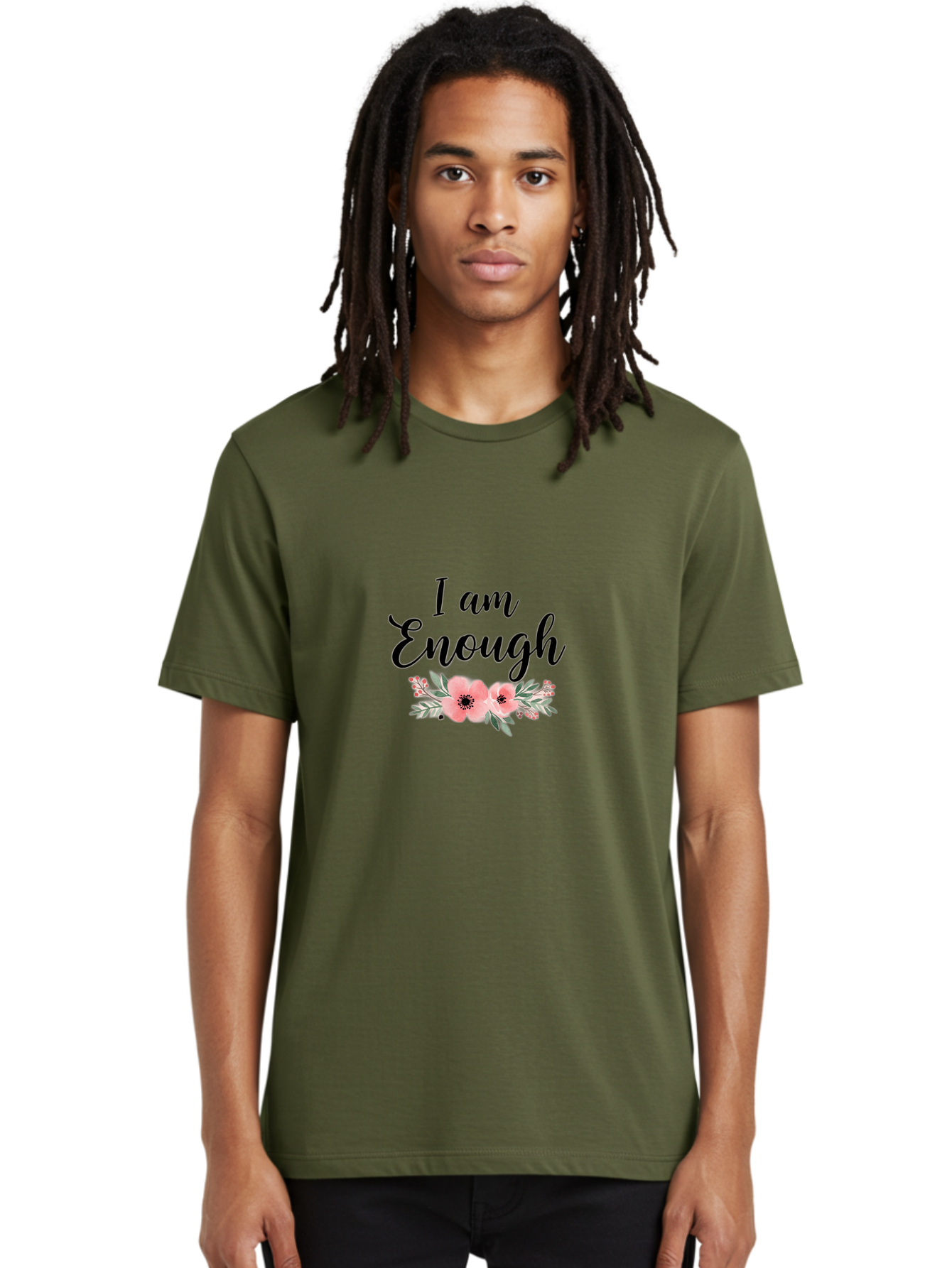 I-Am-Enough Men'S Graphic Tee, 100% Cotton, Comfortable Casual Summer Wear, Machine Washable, Positive Affirmation, Floral Design, Pink Flowers, Motivational Quote, Self Love, Empowerment, Black Lettering, Inspirational Message, Lovely Flowers Bae211 18
