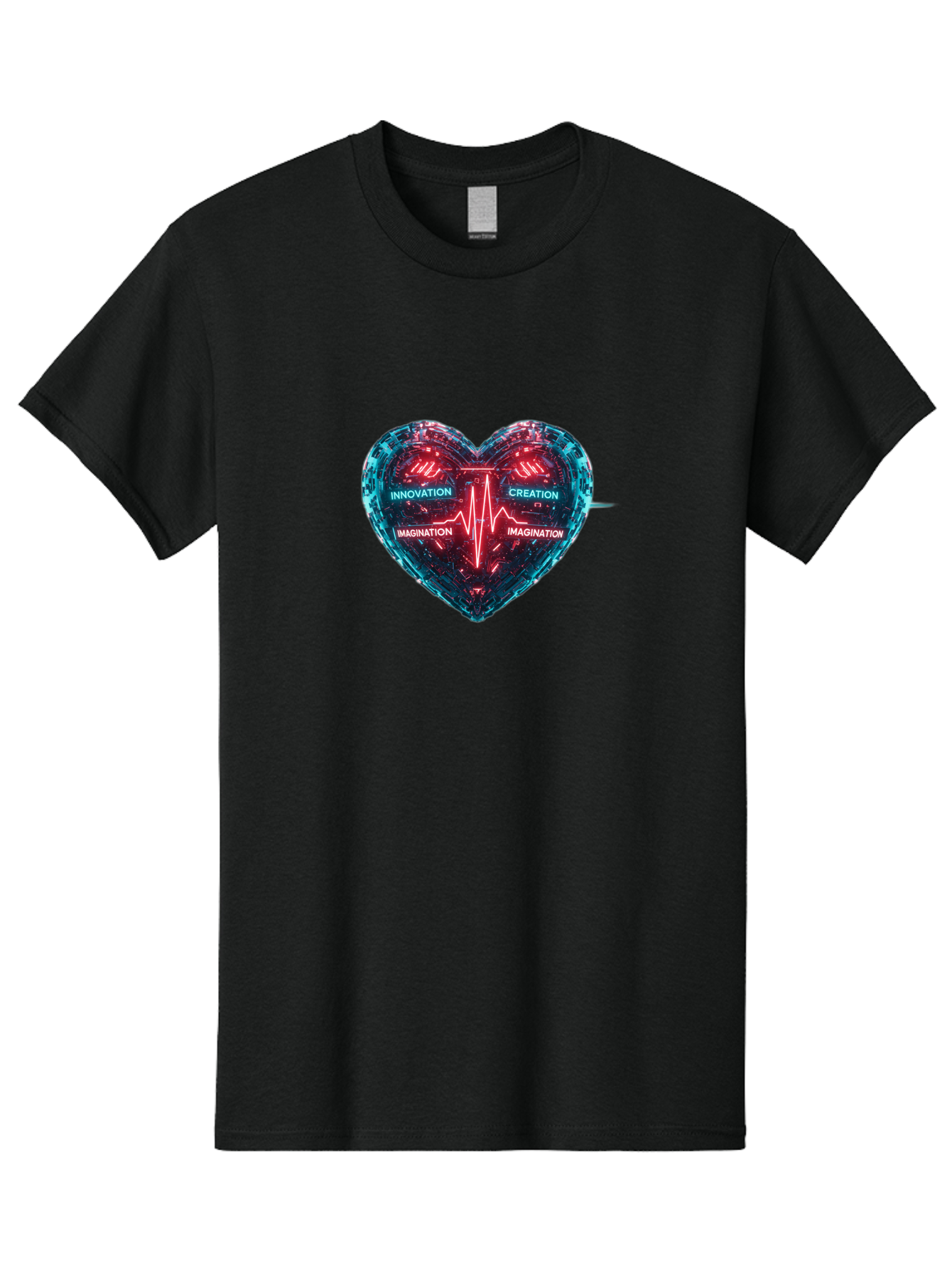 Innovation-Creation-Imagination Men'S Graphic Tee, 100% Cotton, Comfortable Casual Summer Wear, Machine Washable, Heart Shape, Circuit Board Design, Pulsating Heartbeat, Innovation, Creation, Imagination, Blue And Red Neon Lights, Bae212 14