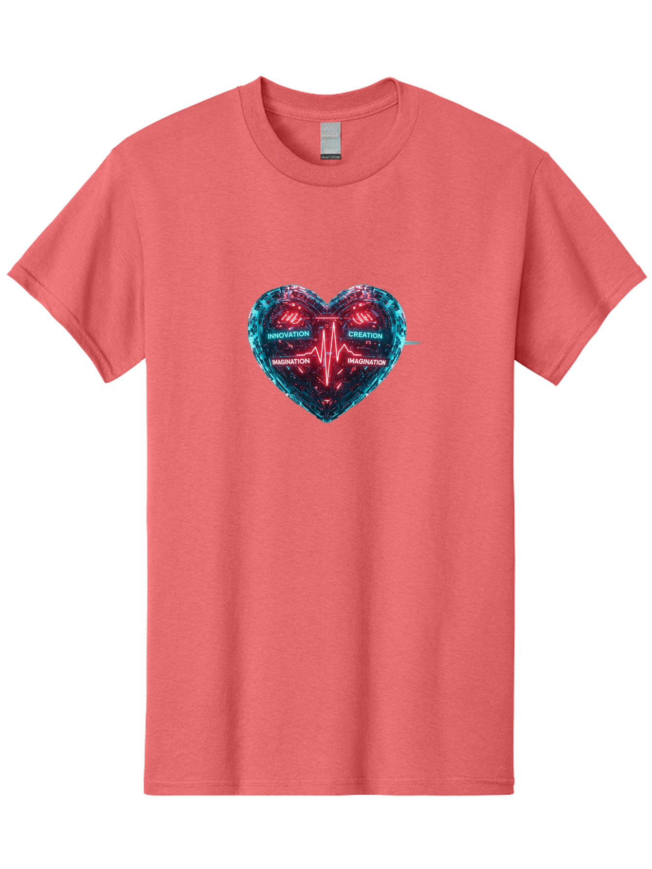 Innovation-Creation-Imagination Men'S Graphic Tee, 100% Cotton, Comfortable Casual Summer Wear, Machine Washable, Heart Shape, Circuit Board Design, Pulsating Heartbeat, Innovation, Creation, Imagination, Blue And Red Neon Lights, Bae212 5