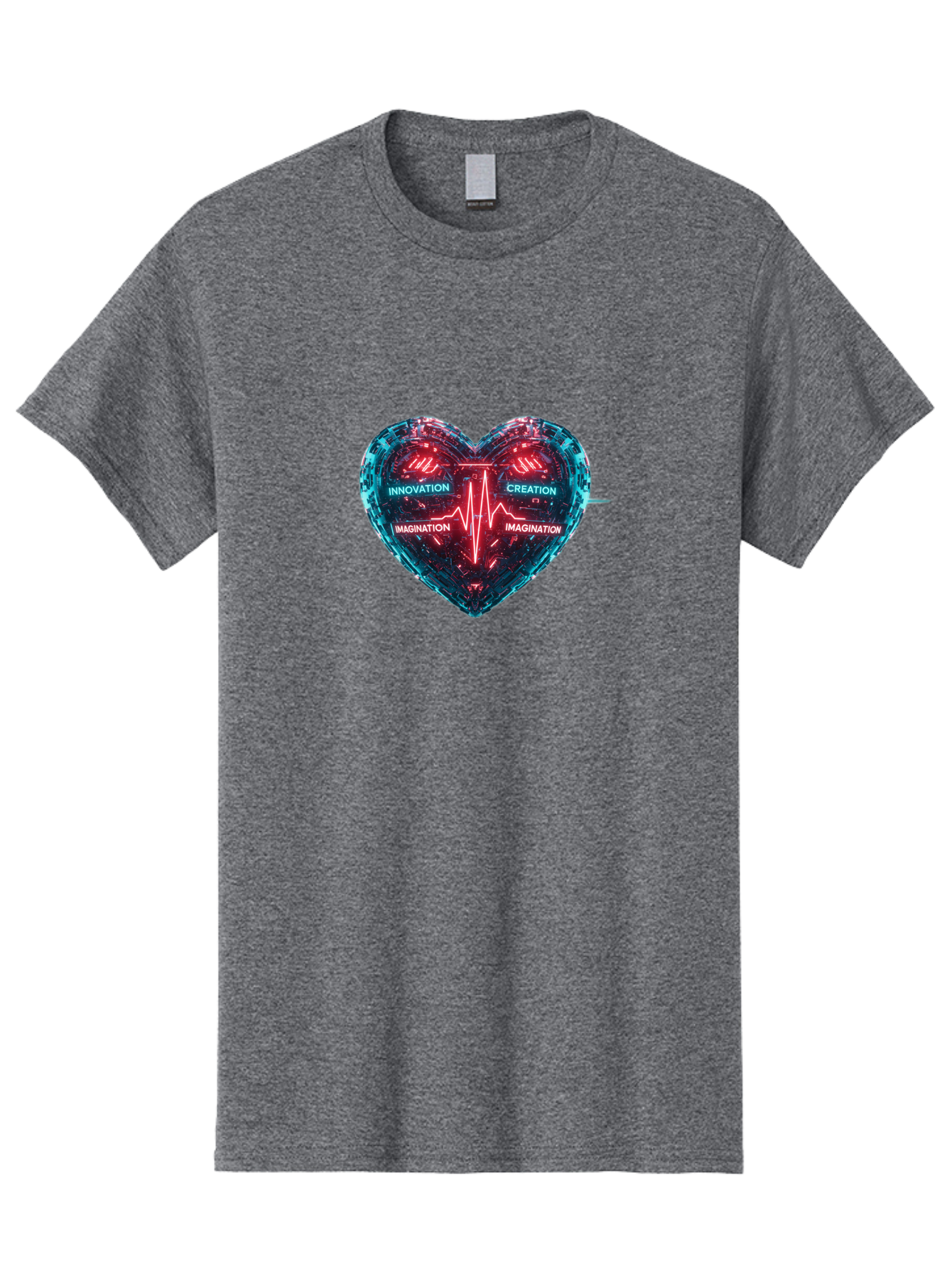 Innovation-Creation-Imagination Men'S Graphic Tee, 100% Cotton, Comfortable Casual Summer Wear, Machine Washable, Heart Shape, Circuit Board Design, Pulsating Heartbeat, Innovation, Creation, Imagination, Blue And Red Neon Lights, Bae212 7