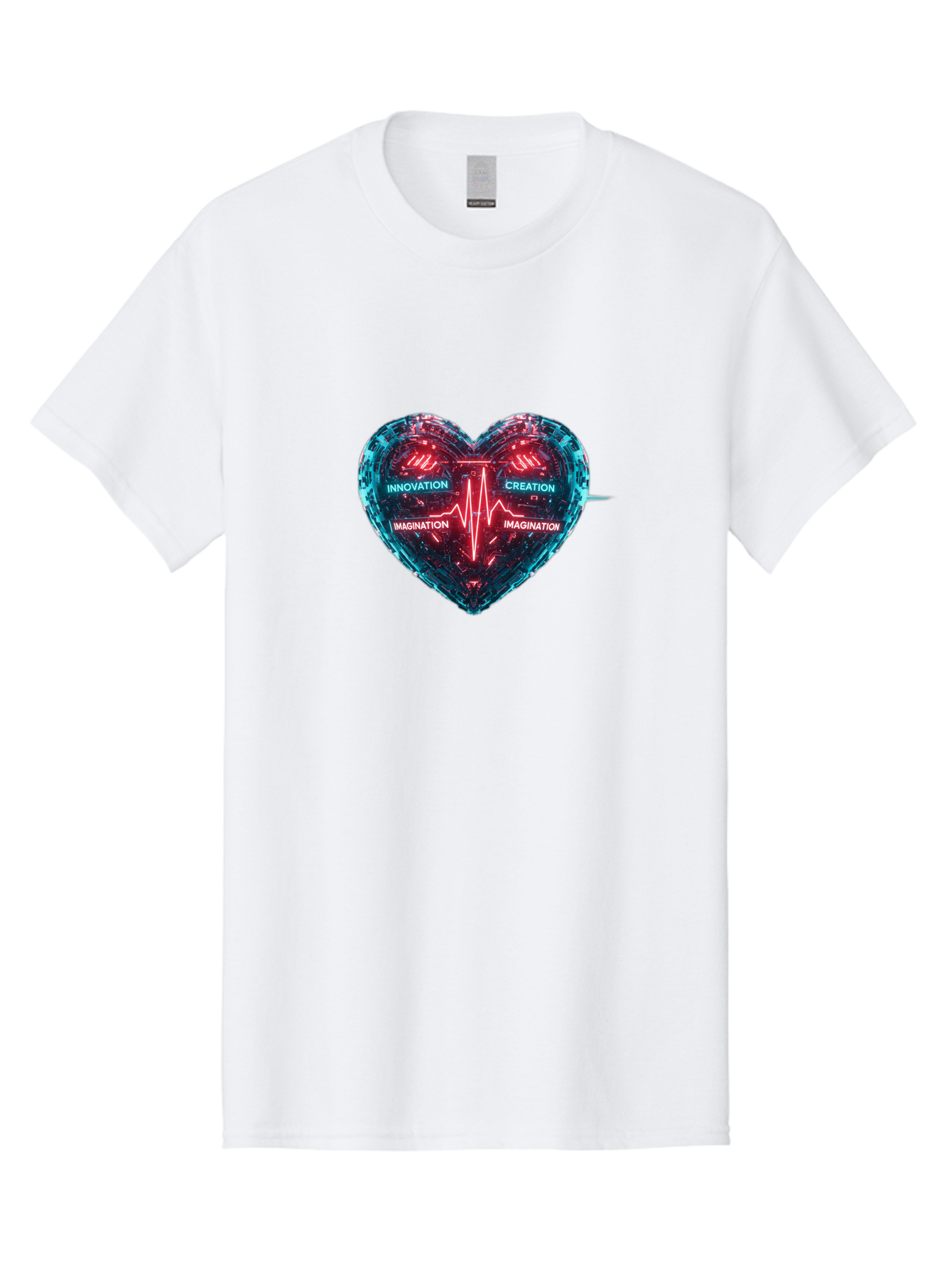 Innovation-Creation-Imagination Men'S Graphic Tee, 100% Cotton, Comfortable Casual Summer Wear, Machine Washable, Heart Shape, Circuit Board Design, Pulsating Heartbeat, Innovation, Creation, Imagination, Blue And Red Neon Lights, Bae212 2