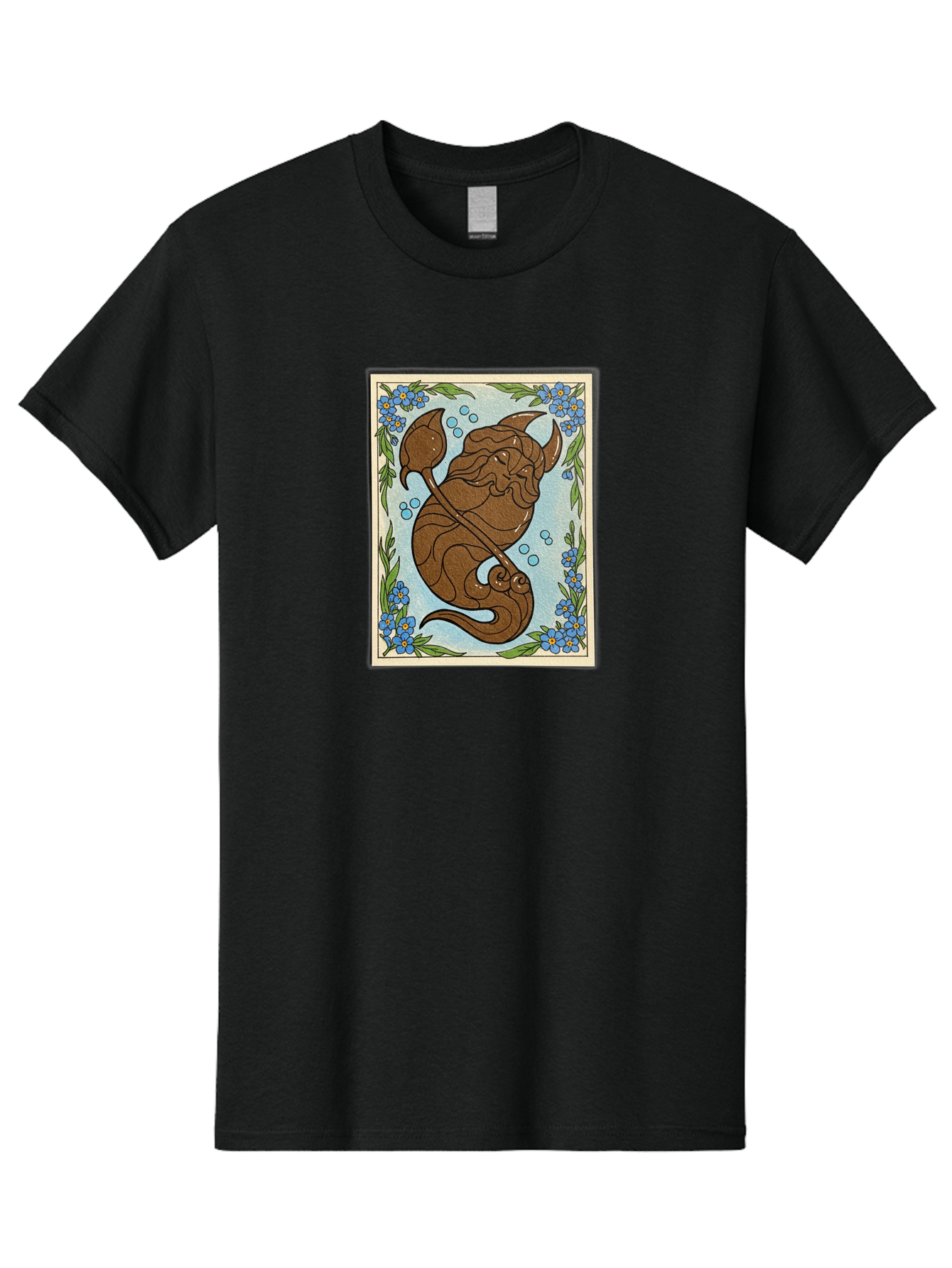 King-Neptune Men'S Graphic Tee, 100% Cotton, Comfortable Casual Summer Wear, Machine Washable, Merman With Trident, Mythical Creature, Underwater Scene, Blue Flowers, Green Leaves, Aquatic Fantasy, Ocean Mythology, Sea God, Folklore Character, Bae214 11