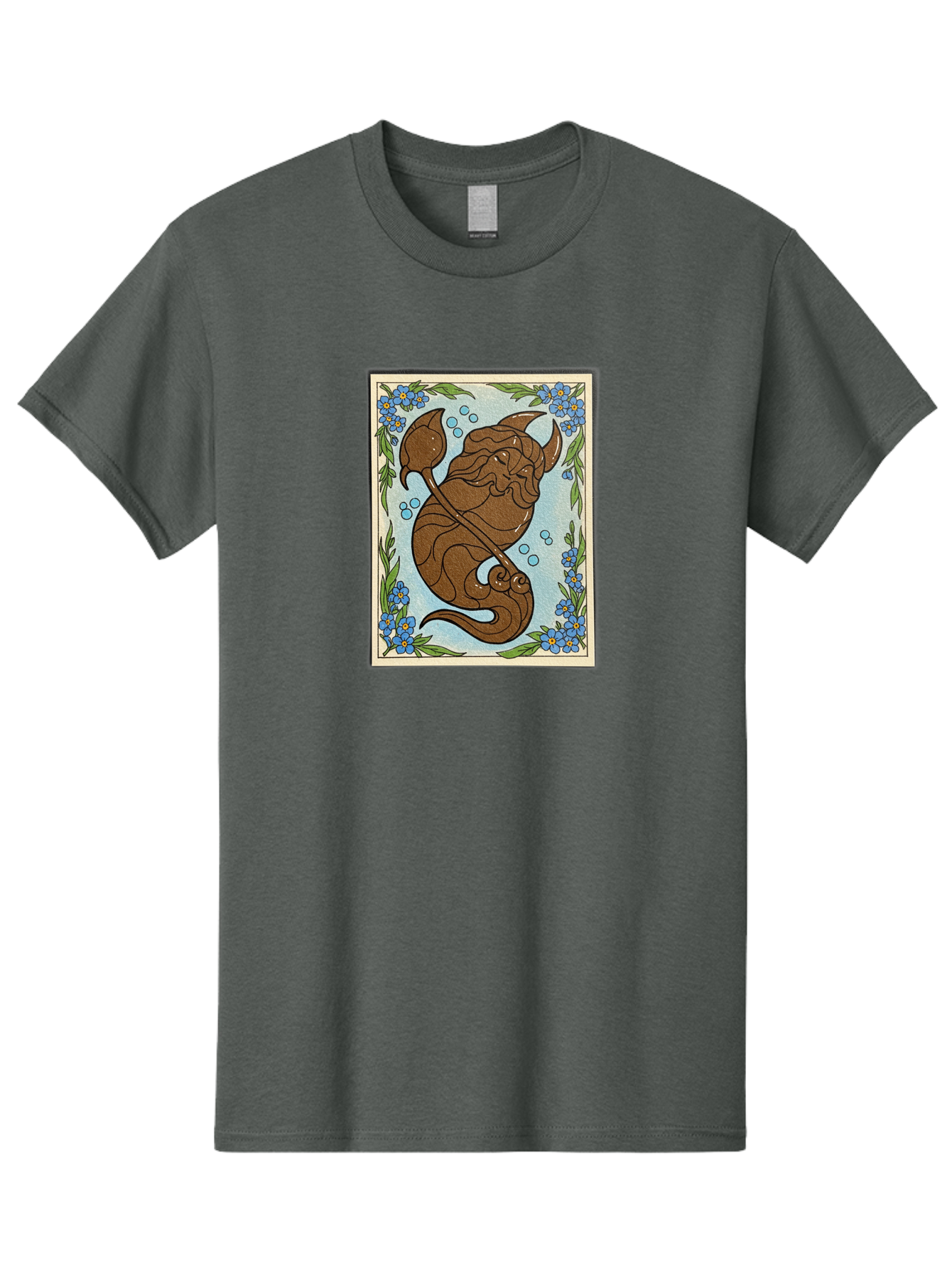 King-Neptune Men'S Graphic Tee, 100% Cotton, Comfortable Casual Summer Wear, Machine Washable, Merman With Trident, Mythical Creature, Underwater Scene, Blue Flowers, Green Leaves, Aquatic Fantasy, Ocean Mythology, Sea God, Folklore Character, Bae214 5
