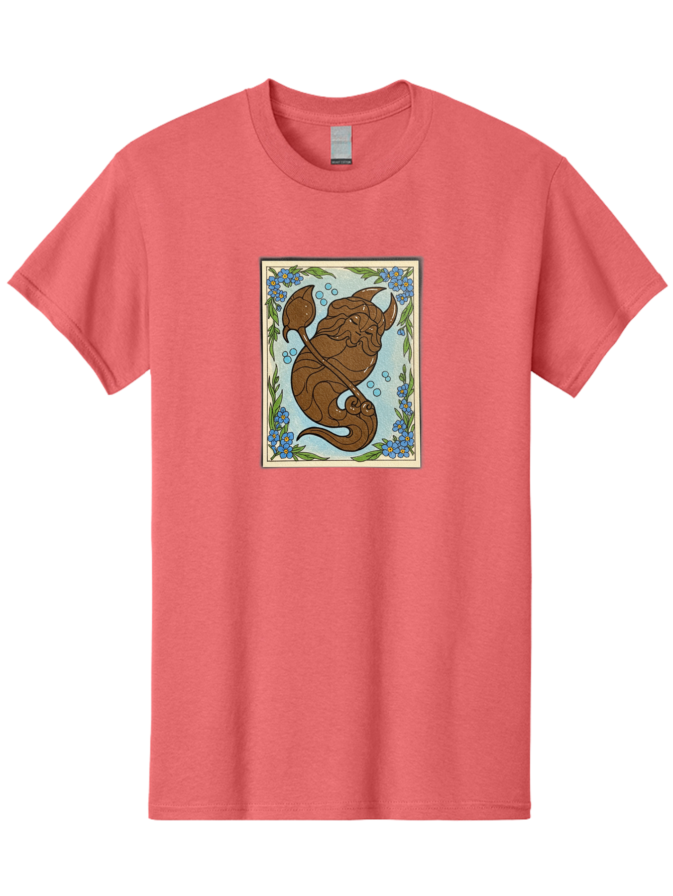 King-Neptune Men'S Graphic Tee, 100% Cotton, Comfortable Casual Summer Wear, Machine Washable, Merman With Trident, Mythical Creature, Underwater Scene, Blue Flowers, Green Leaves, Aquatic Fantasy, Ocean Mythology, Sea God, Folklore Character, Bae214 14