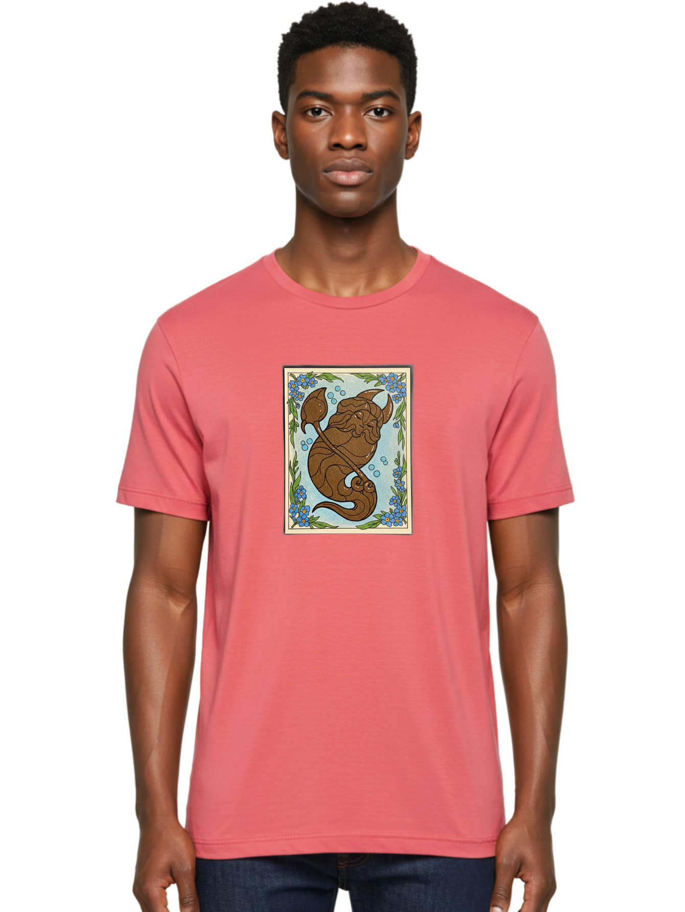 King-Neptune Men'S Graphic Tee, 100% Cotton, Comfortable Casual Summer Wear, Machine Washable, Merman With Trident, Mythical Creature, Underwater Scene, Blue Flowers, Green Leaves, Aquatic Fantasy, Ocean Mythology, Sea God, Folklore Character, Bae214 29
