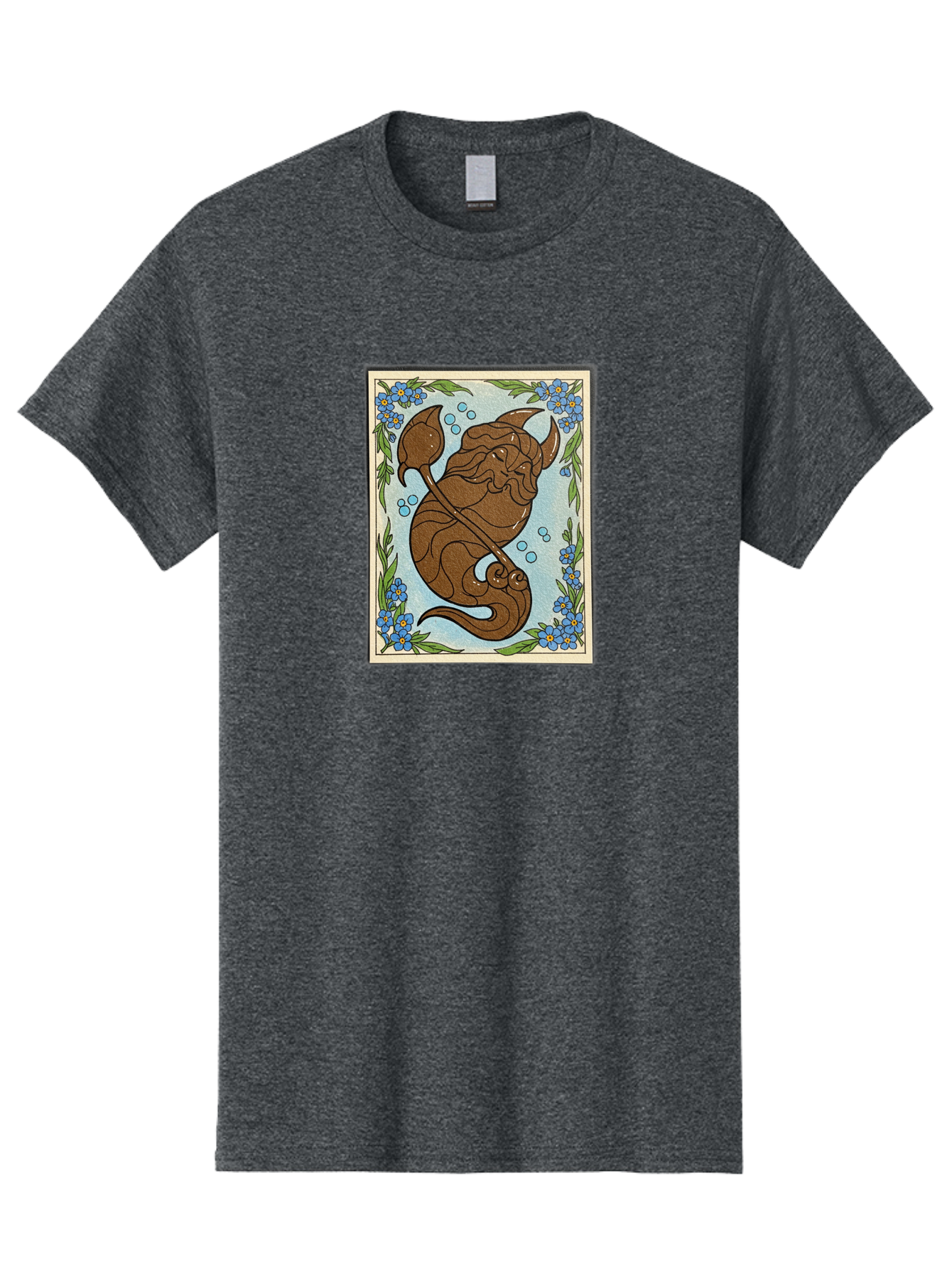 King-Neptune Men'S Graphic Tee, 100% Cotton, Comfortable Casual Summer Wear, Machine Washable, Merman With Trident, Mythical Creature, Underwater Scene, Blue Flowers, Green Leaves, Aquatic Fantasy, Ocean Mythology, Sea God, Folklore Character, Bae214 6