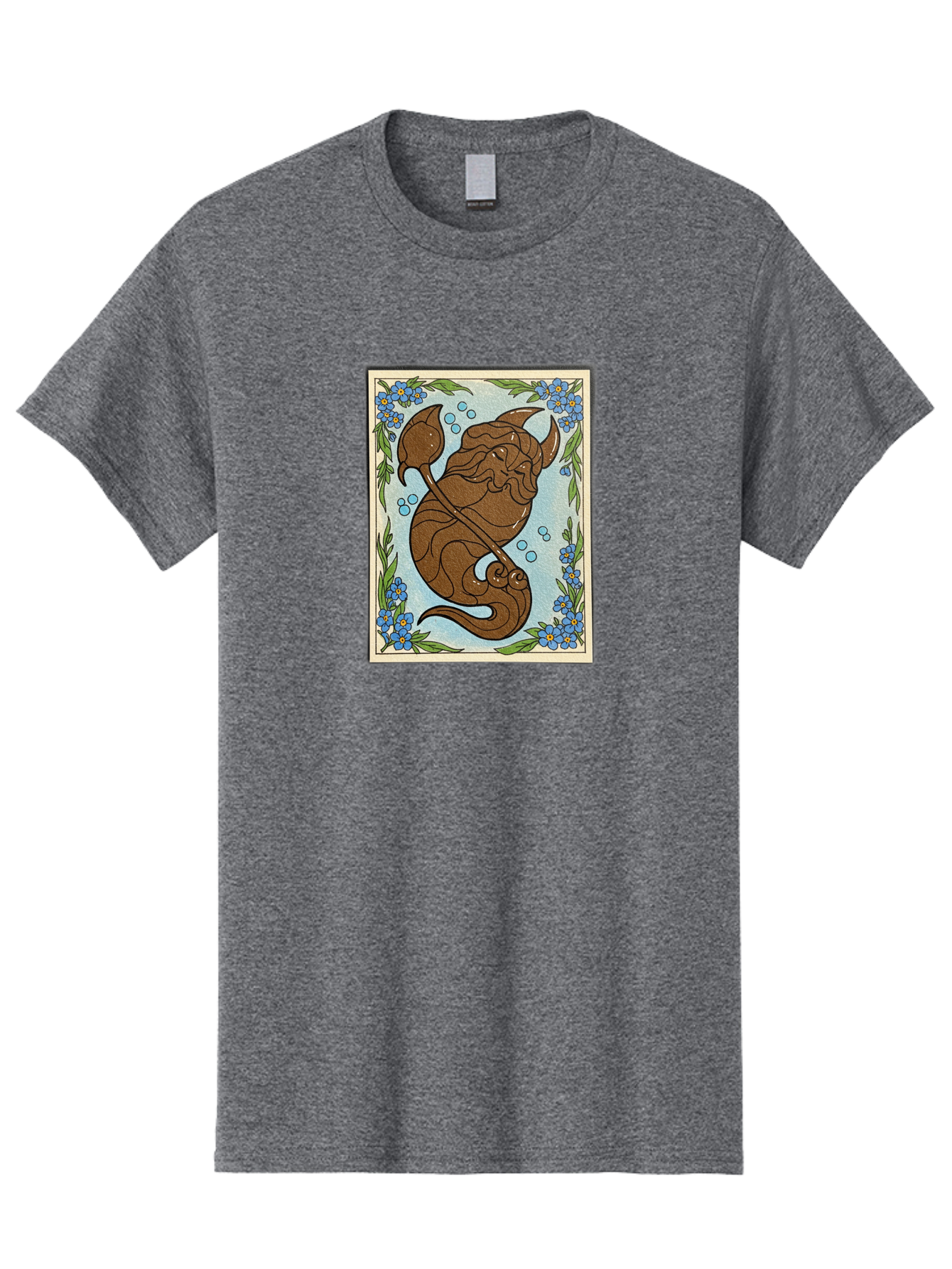 King-Neptune Men'S Graphic Tee, 100% Cotton, Comfortable Casual Summer Wear, Machine Washable, Merman With Trident, Mythical Creature, Underwater Scene, Blue Flowers, Green Leaves, Aquatic Fantasy, Ocean Mythology, Sea God, Folklore Character, Bae214 7