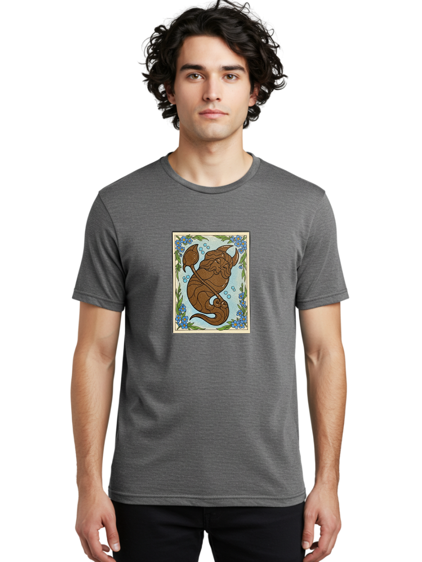King-Neptune Men'S Graphic Tee, 100% Cotton, Comfortable Casual Summer Wear, Machine Washable, Merman With Trident, Mythical Creature, Underwater Scene, Blue Flowers, Green Leaves, Aquatic Fantasy, Ocean Mythology, Sea God, Folklore Character, Bae214 22