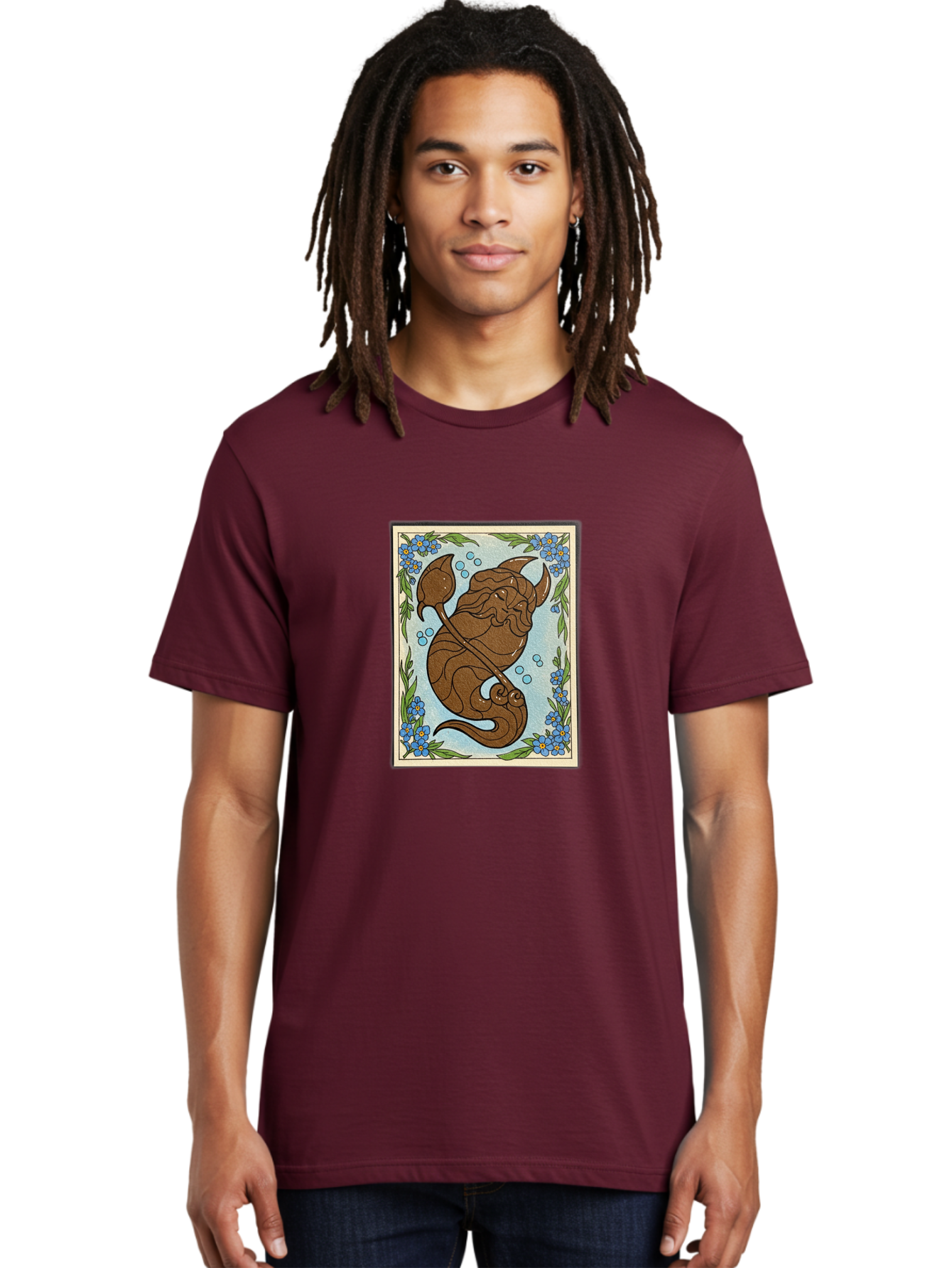 King-Neptune Men'S Graphic Tee, 100% Cotton, Comfortable Casual Summer Wear, Machine Washable, Merman With Trident, Mythical Creature, Underwater Scene, Blue Flowers, Green Leaves, Aquatic Fantasy, Ocean Mythology, Sea God, Folklore Character, Bae214 25